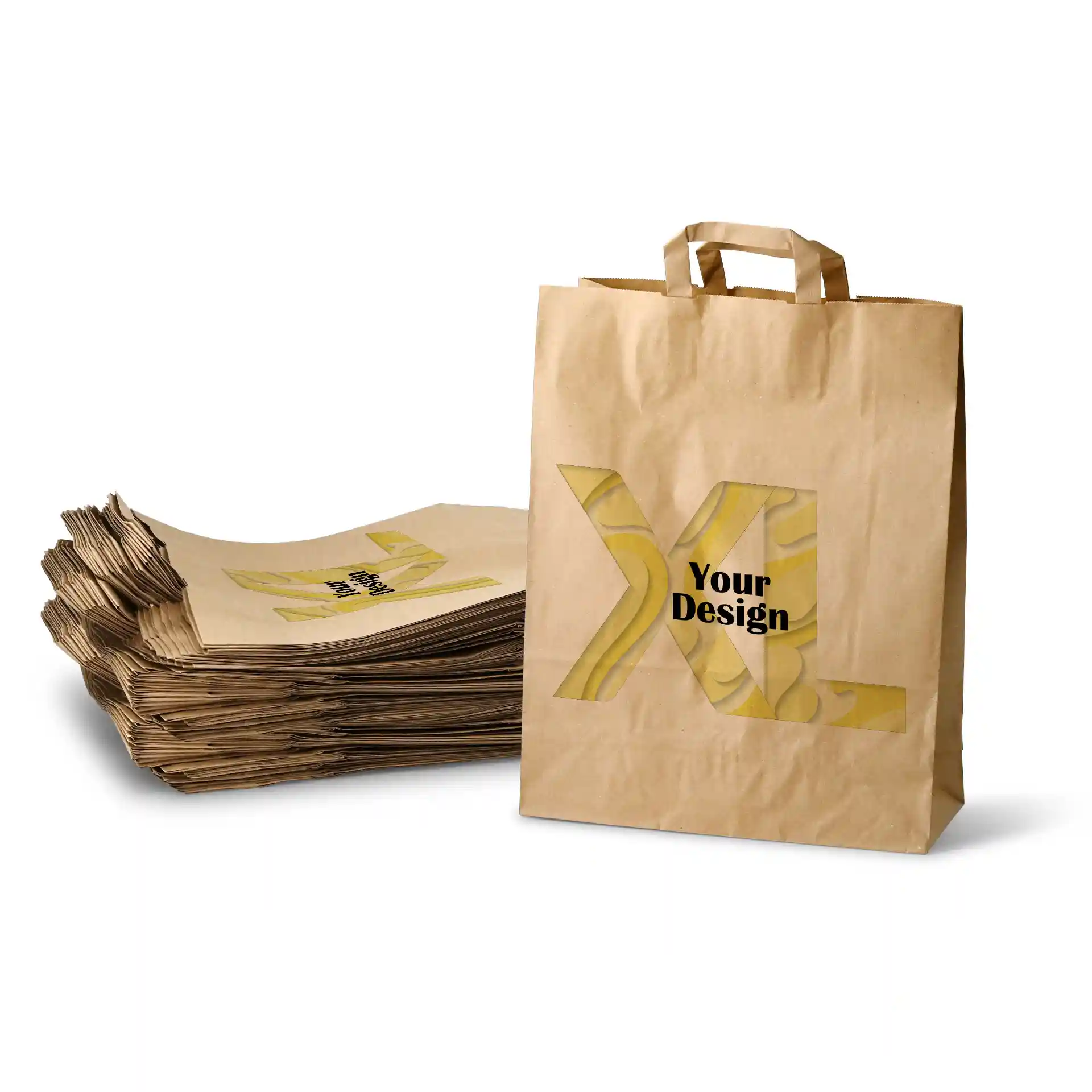 Brown paper carrier bag with a rectangular shape, featuring a design and stacked bags in the background.
