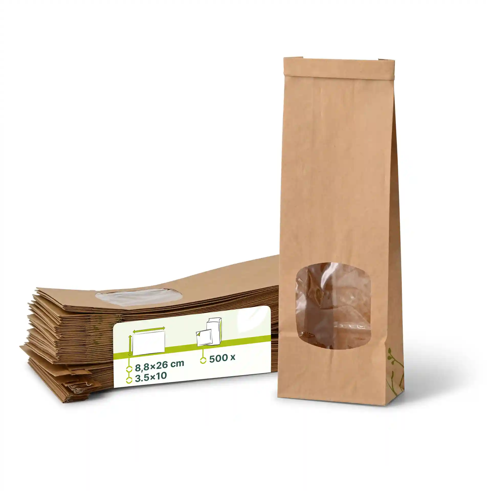 Brown block bottom bags with a window, measuring 8.8 x 26 cm, stacked with a visible label showing dimensions and quantity.
