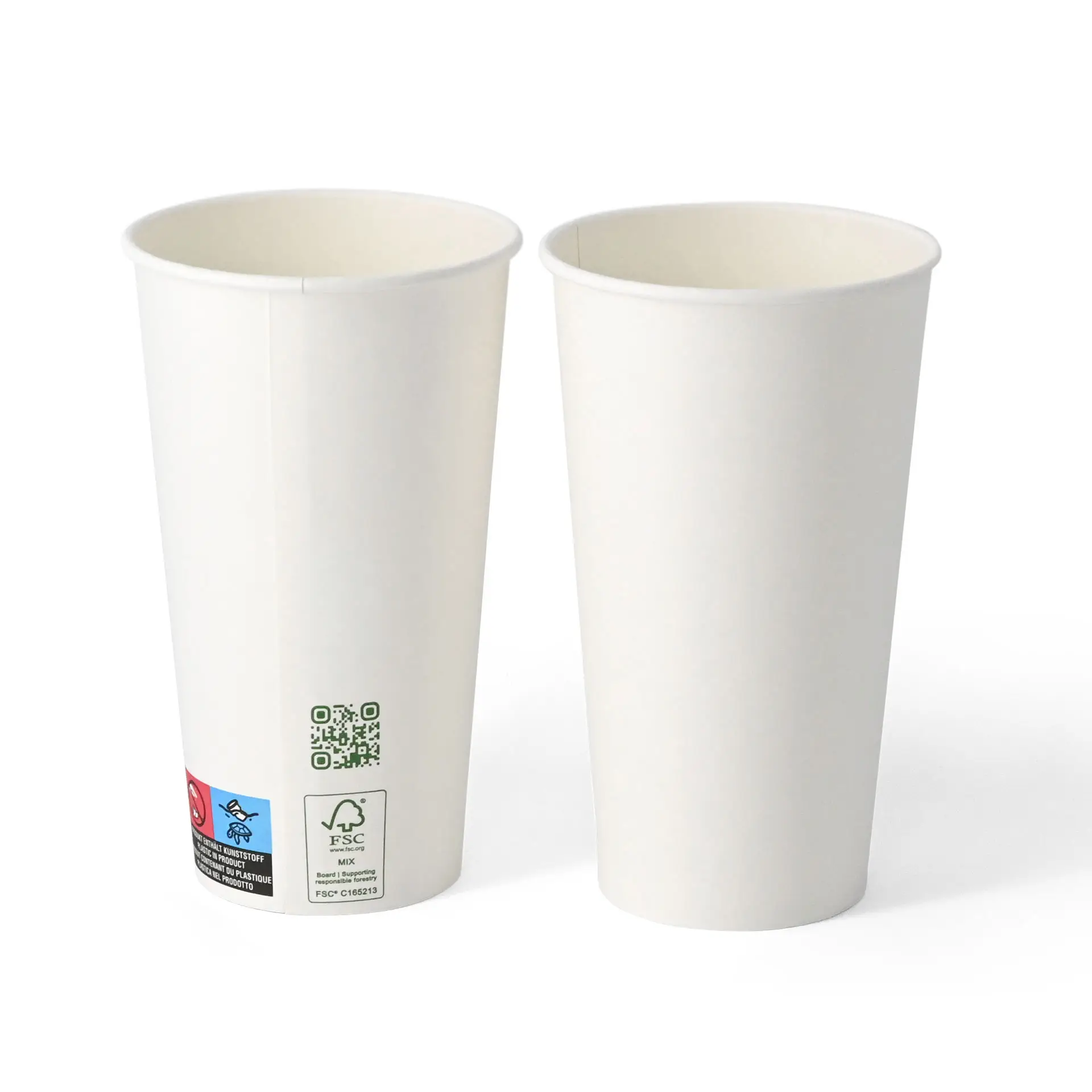 Zwei weiße Pappbecher mit einfacher Wand, 500 ml Fassungsvermögen und 90 mm Durchmesser, mit Etiketten an der Seite.