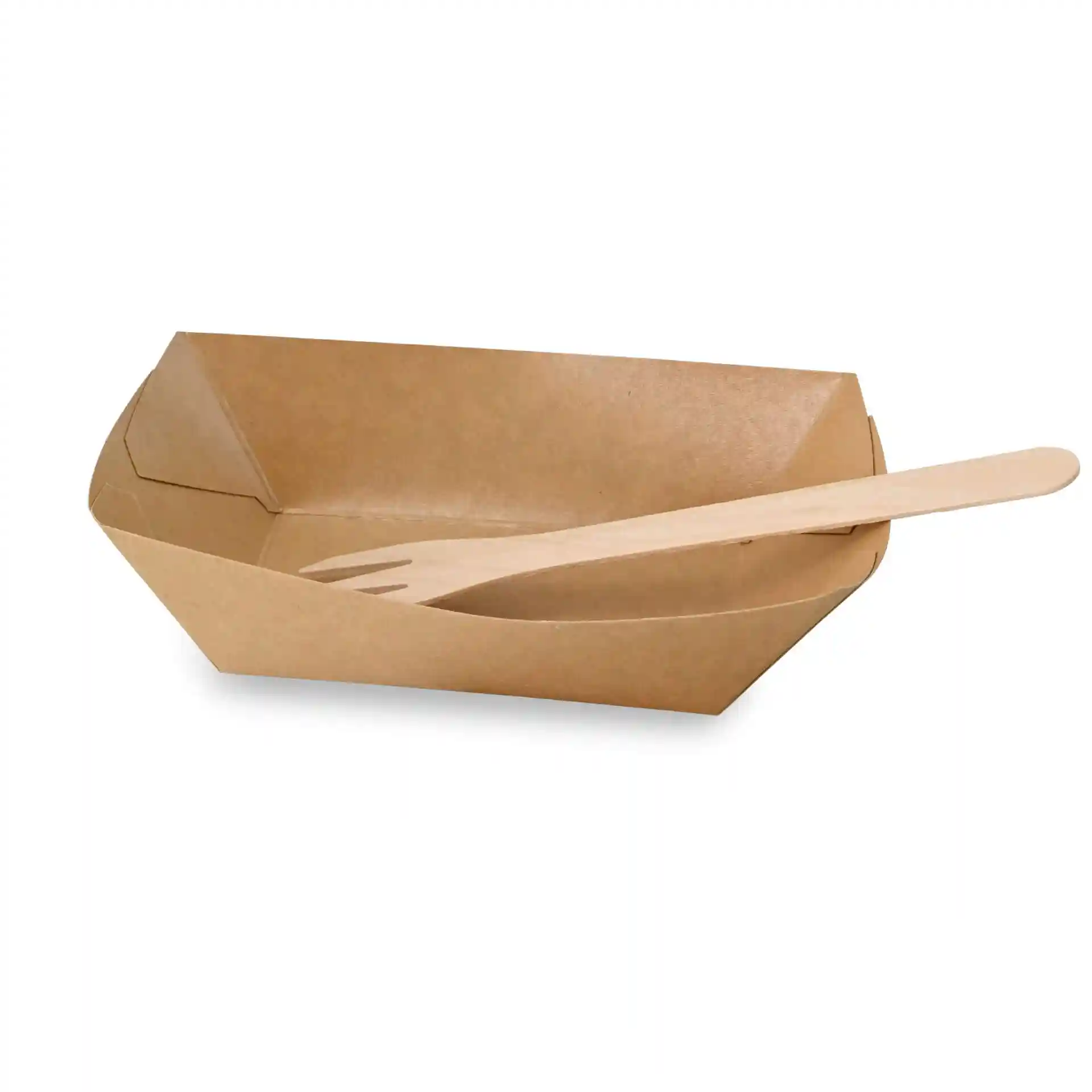 Braunes Papp-Snacktablett mit einem Holzforken, Maße 17 x 12 x 4 cm.