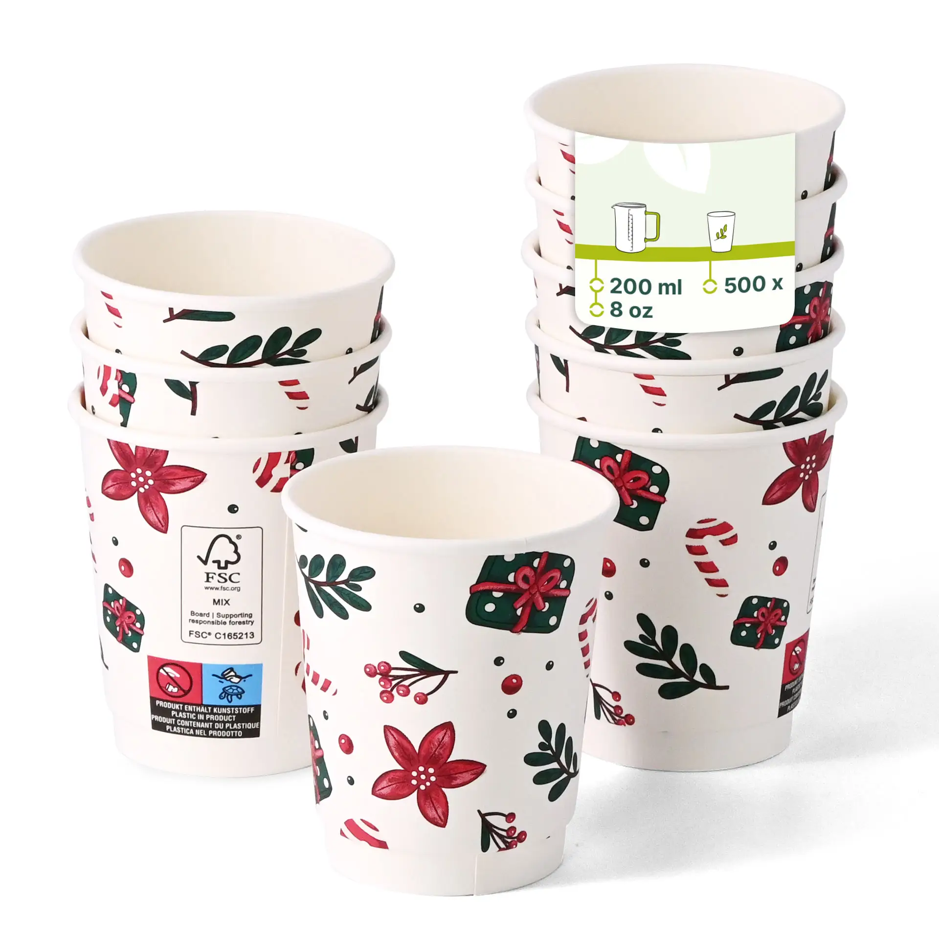 Double-wall coffee cup with winter design, 200 ml capacity, white, featuring floral and gift patterns.