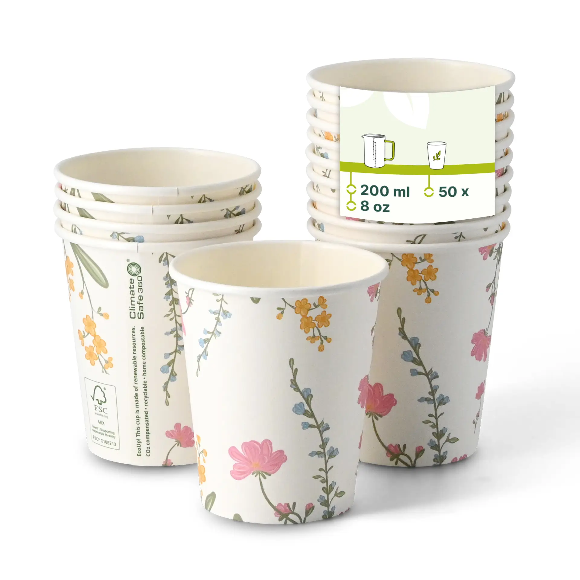 Pappbecher bedruckt "Frühling" 200 ml / 8 oz, Ø 80 mm, weiß