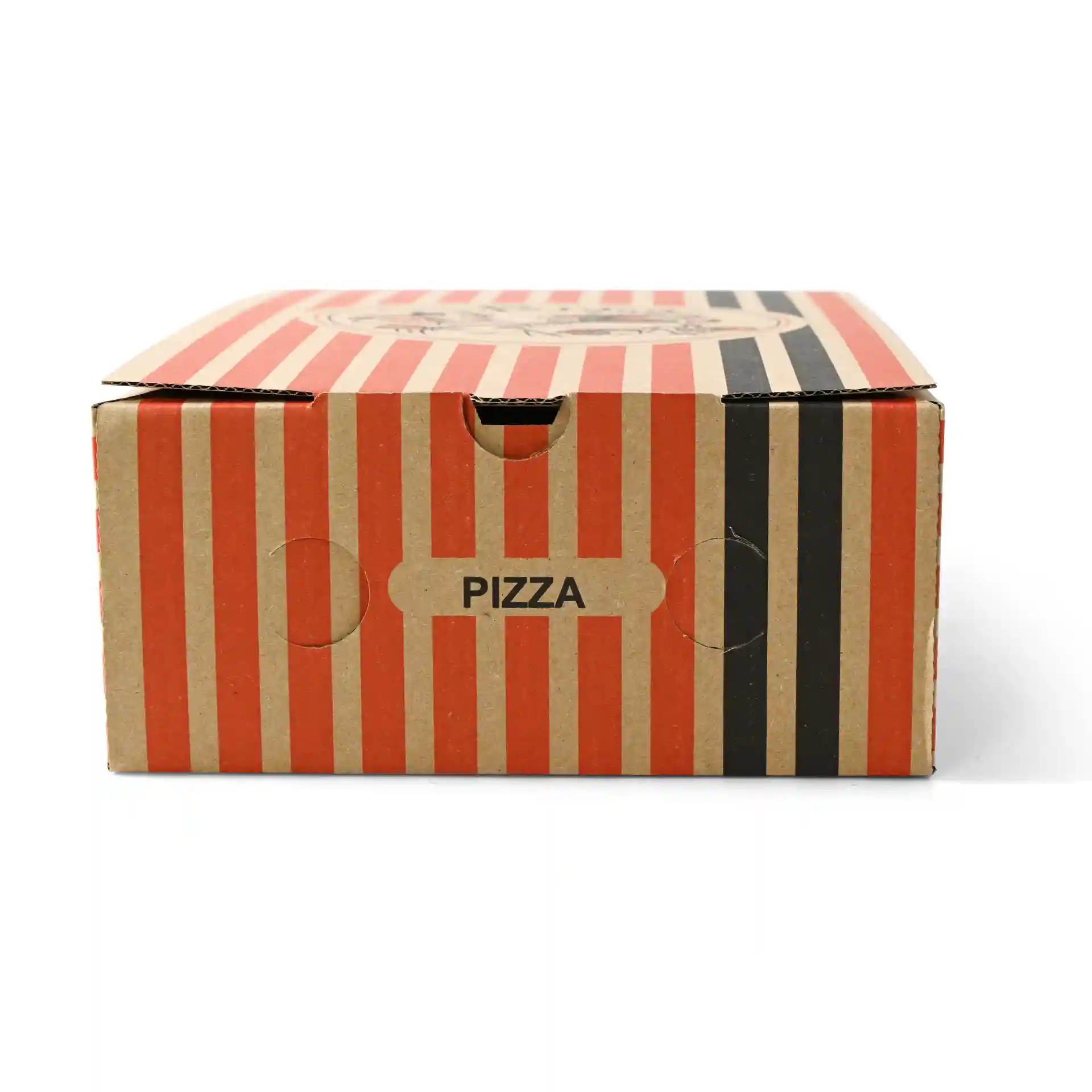 Braune Pizzaschachtel mit roten und schwarzen Streifen, mit einem runden Pizzakoch-Design und einem Etikett "PIZZA".