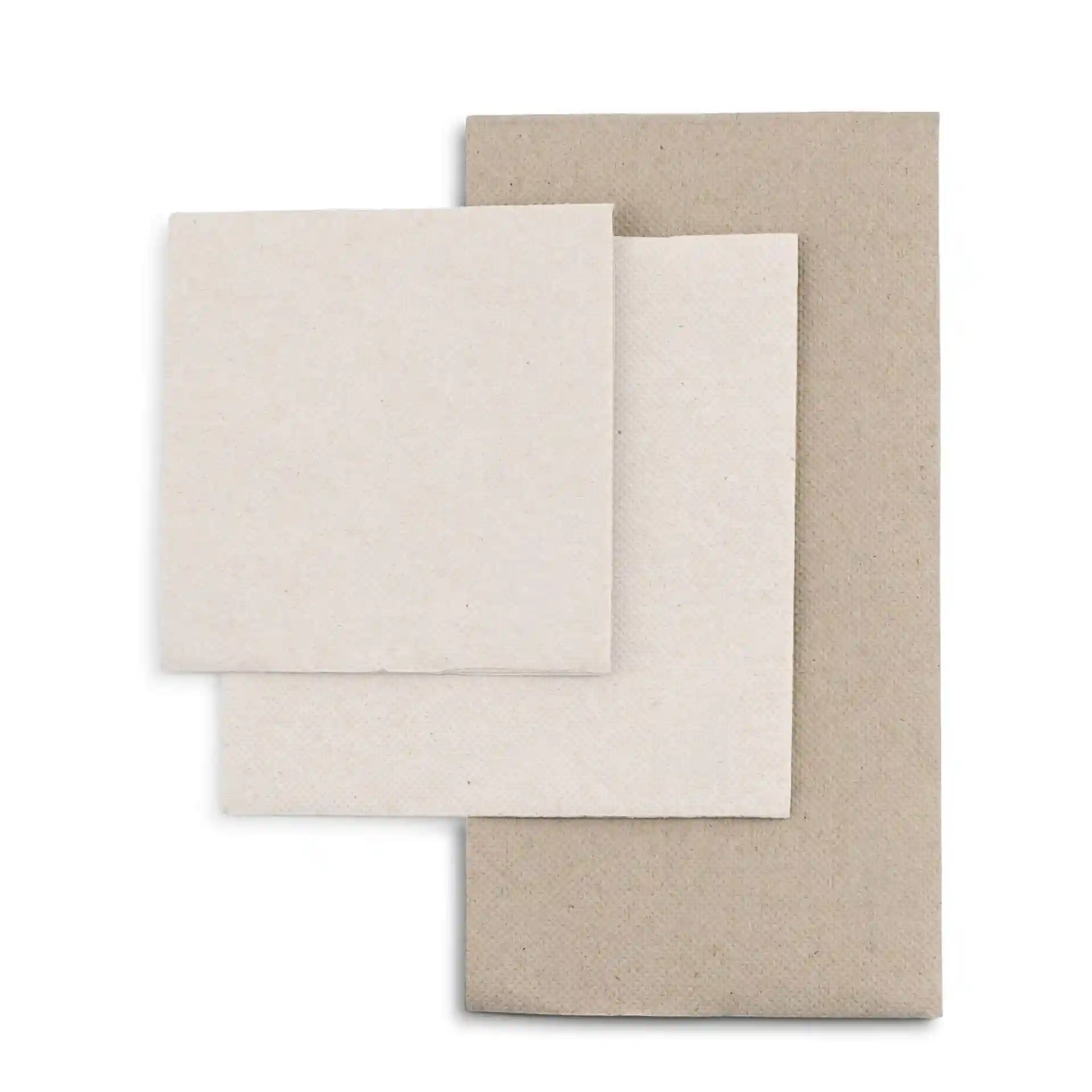 Three unbleached recycled paper napkins in various sizes, showing a 100% recycled symbol on each.