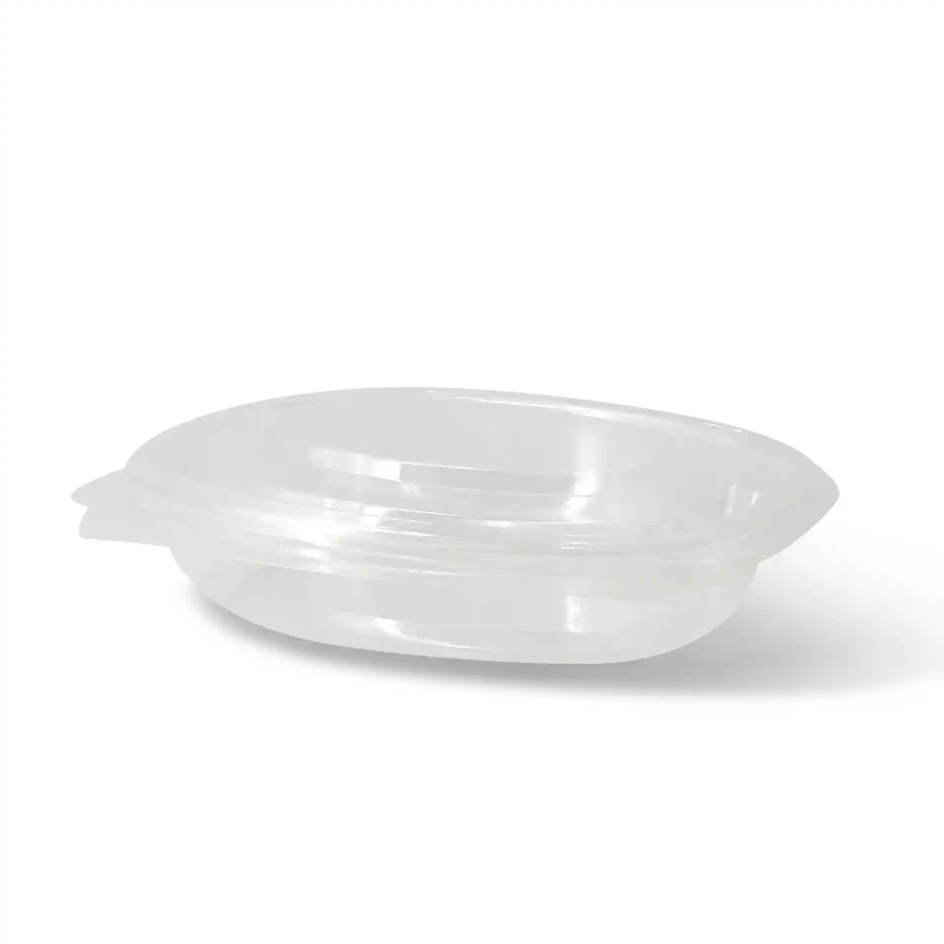 Transparent rectangular PLA deli bowl with a folding lid, dimensions 159 mm length, 130 mm width, and 30 mm height.