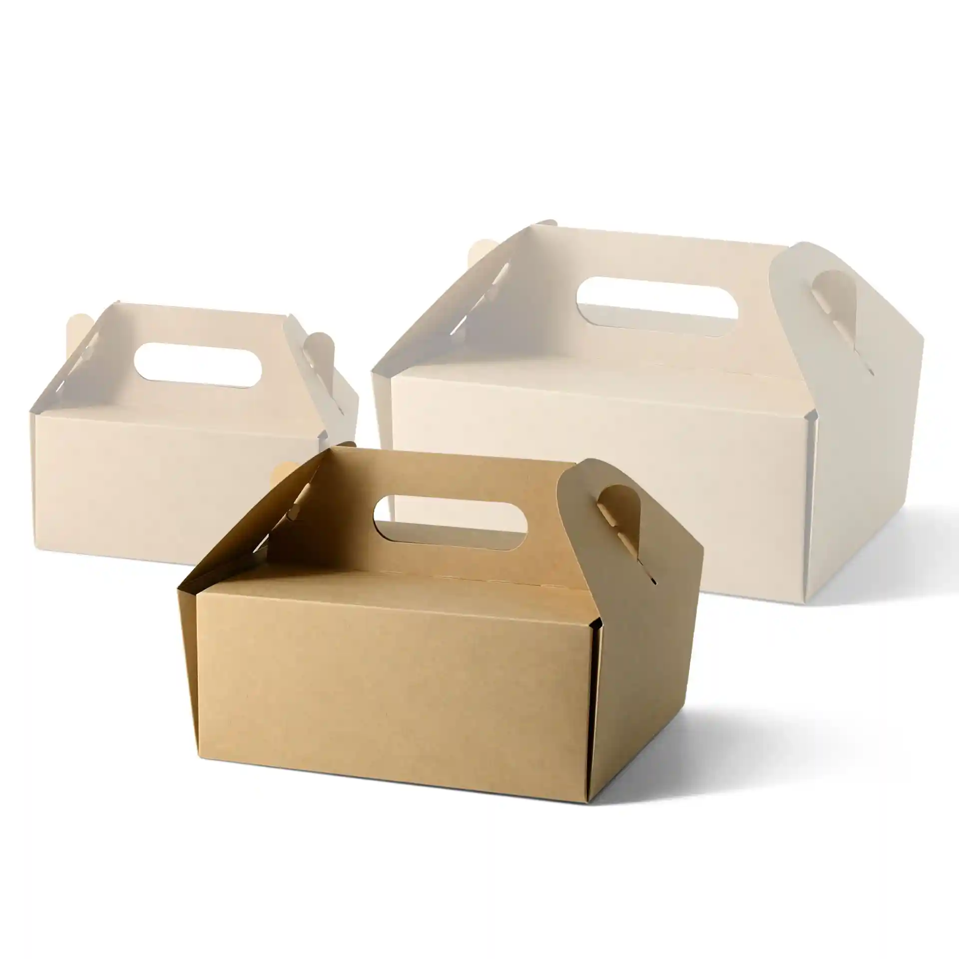 Image of three rectangular cardboard pastry boxes with handles, two in white and one in brown.