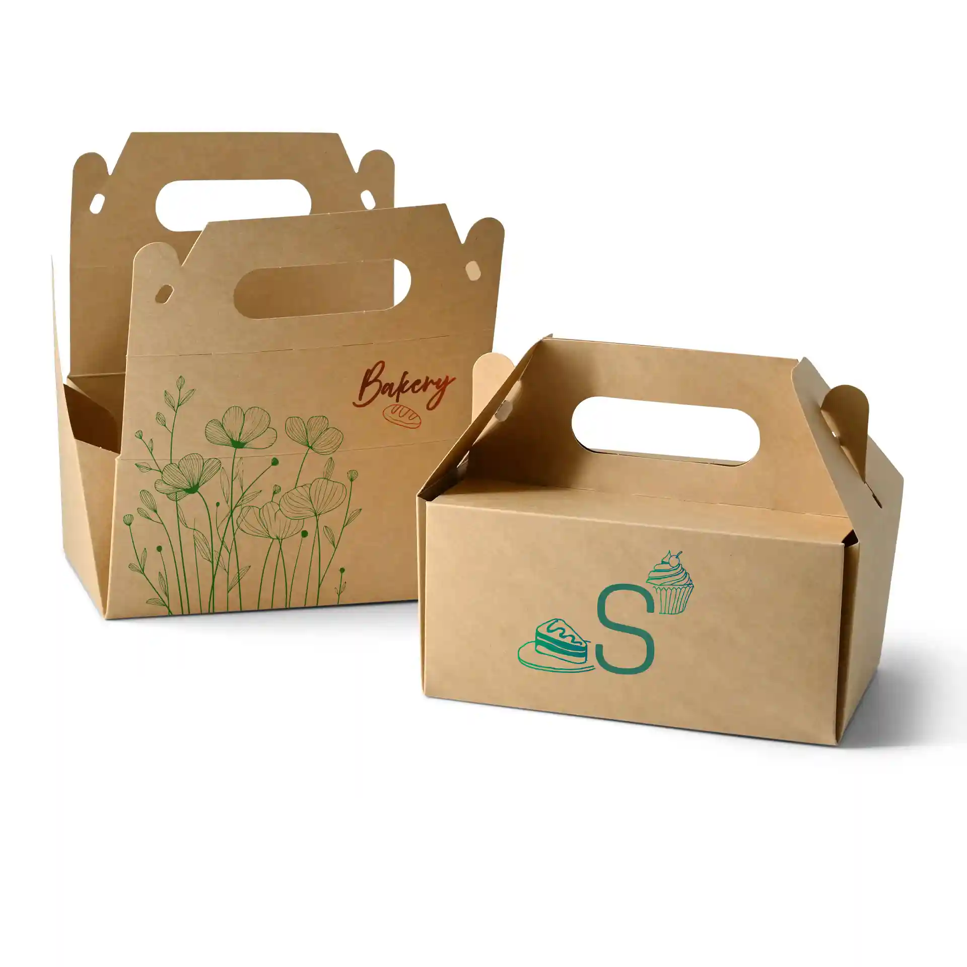 Zwei braune, individuell bedruckte Kuchenboxen mit Griffen, eine mit Blumenmuster und die andere mit Cupcake-Grafik.