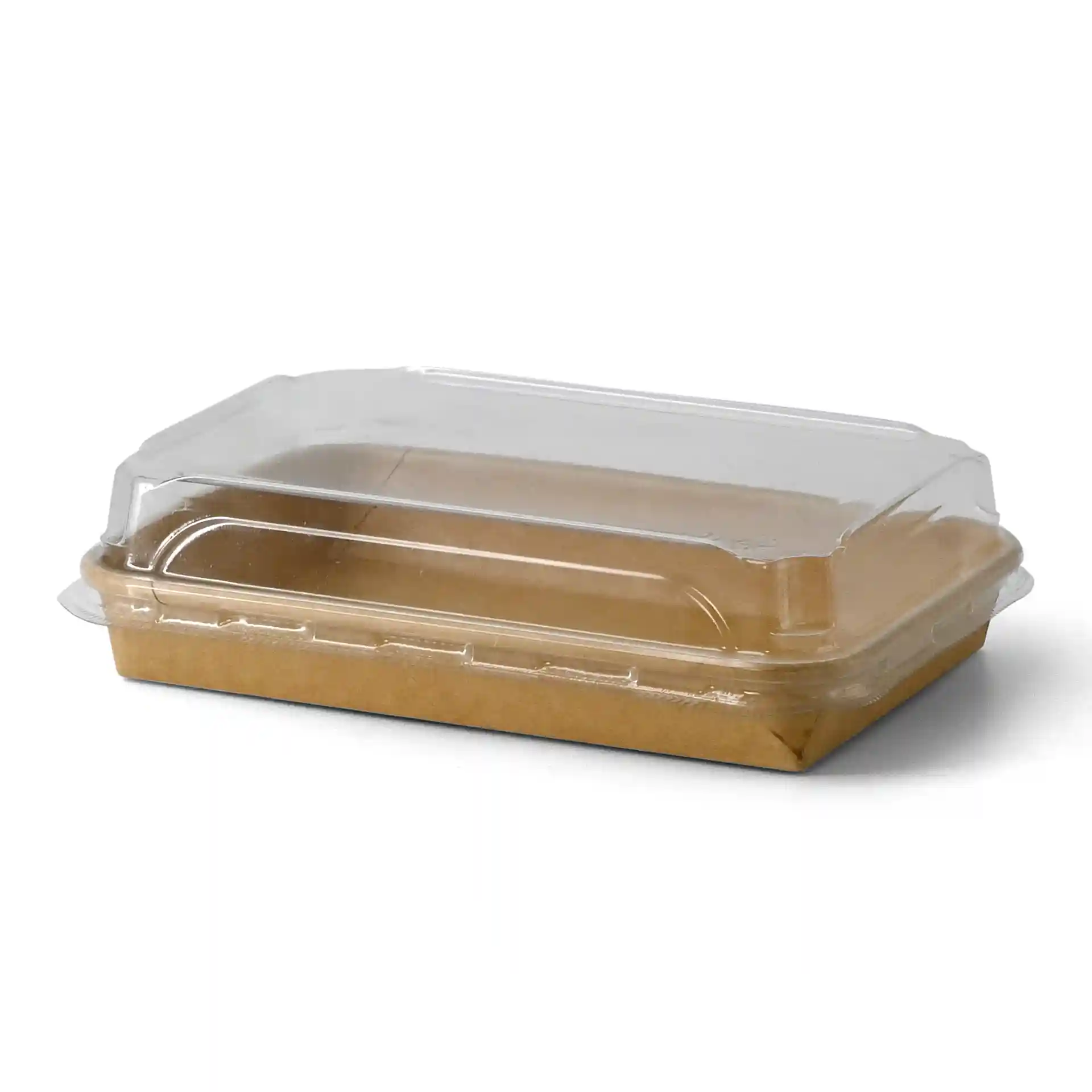 Transparenter PET-Deckel für Sushi-Box, Maße 22 x 14 x 3 cm, Höhe 3,2 cm.