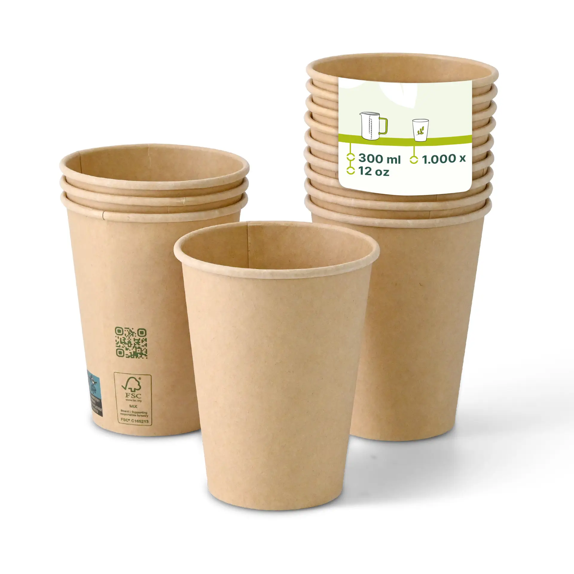 One brown single-wall paper cup in focus; several similar cups stacked behind with a PLA coating for hot and cold drinks.