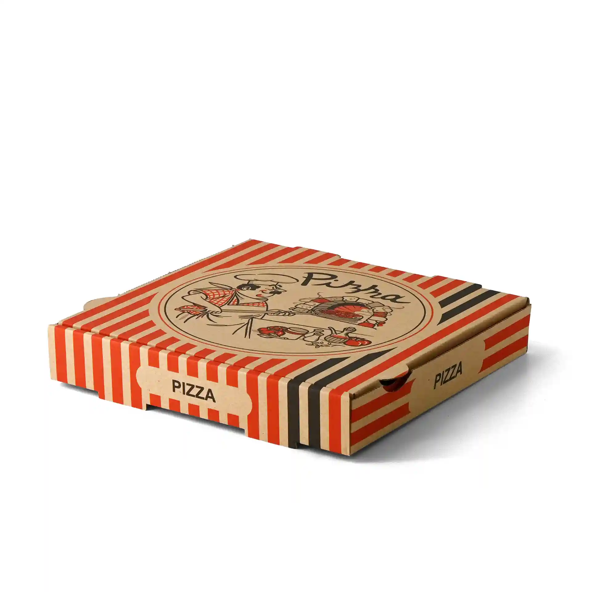 Brown pizza box with a pizza chef design, measuring 28 x 28 x 4 cm, featuring red and black stripes.