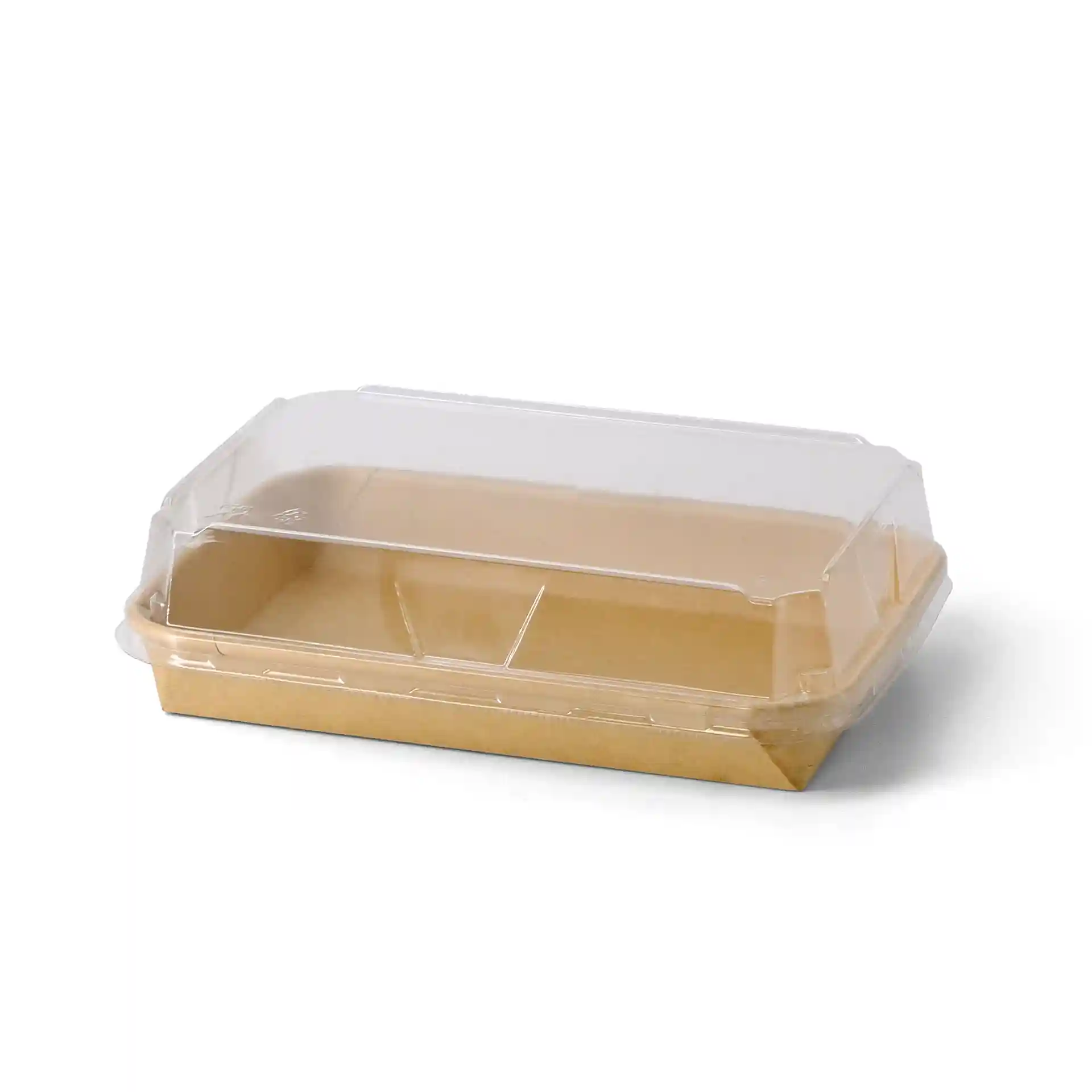 Braune Sushi-Box mit klarem Deckel, 18,5 x 13 x 2,5 cm, mit zwei Fächern innen.