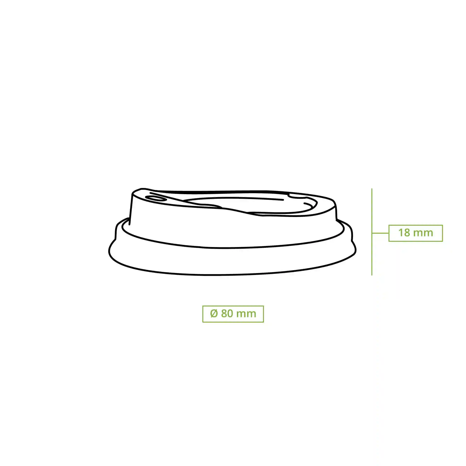 Schematic drawing of a white CPLA lid with a drinking hole, dimensions 80 mm diameter and 18 mm height.
