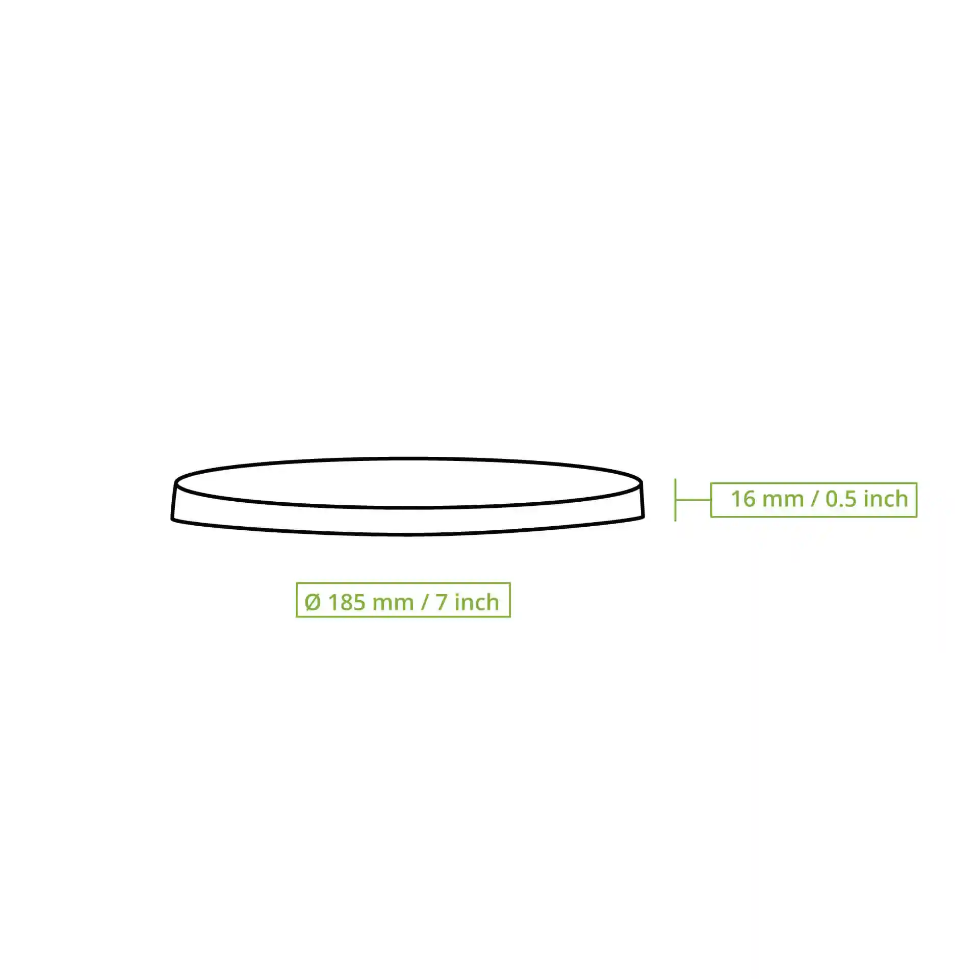 Schematic drawing of a round lid with a diameter of 185 mm and height of 16 mm, shown on a plain background.