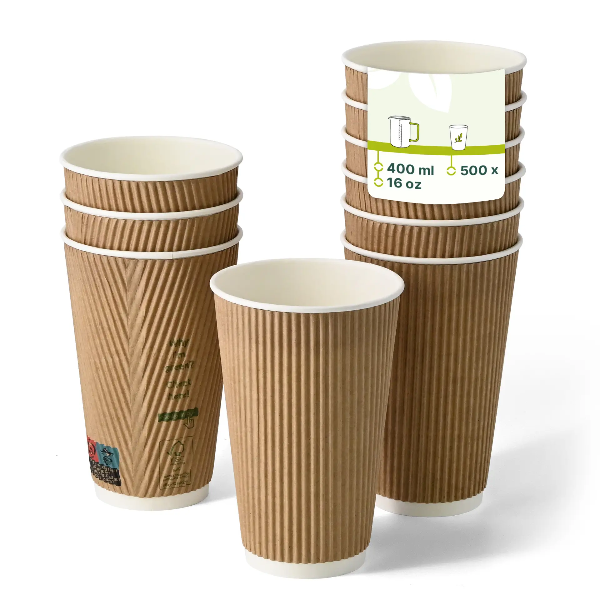 Riffelbecher / Coffee to go Becher 400 ml / 16 oz, Ø 90 mm, braun / innen weiß, PLA-beschichtet
