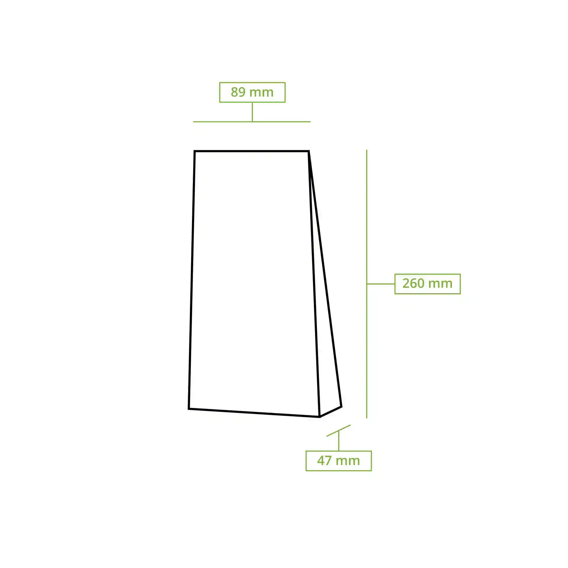 Schematic drawing of a block bottom bag with dimensions labeled: 89 mm width, 47 mm depth, and 260 mm height.