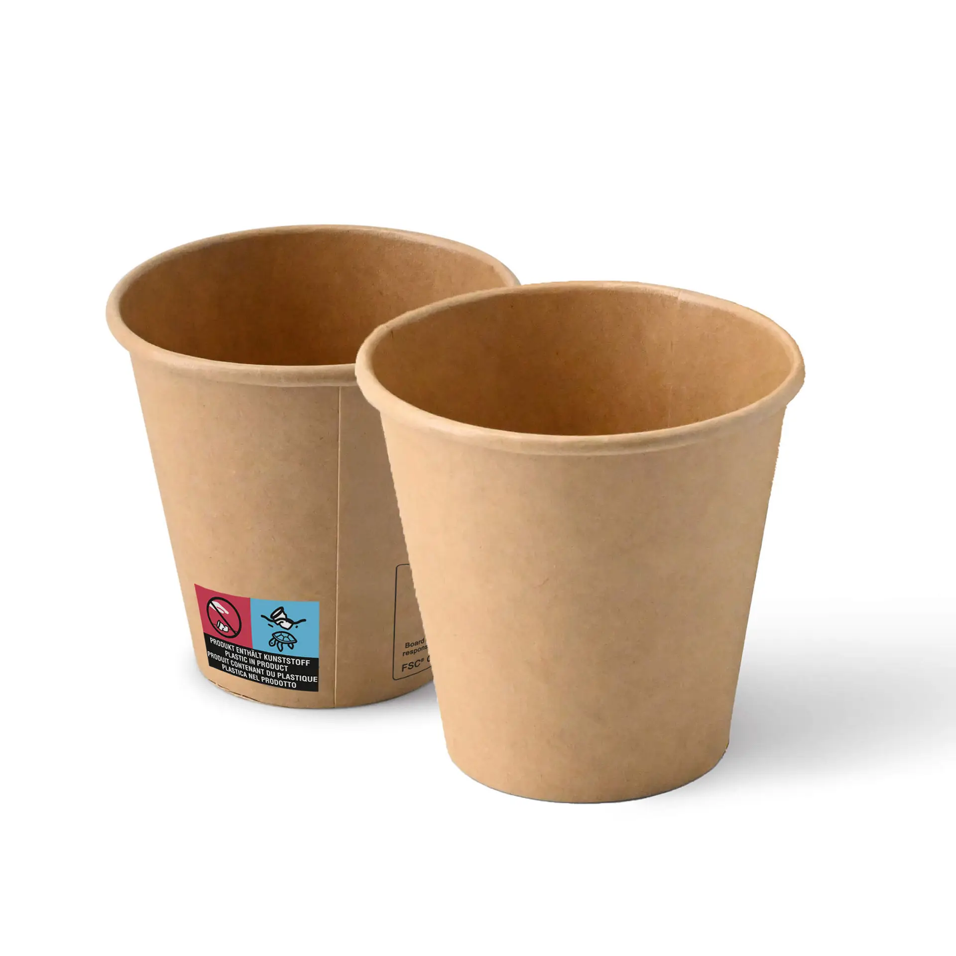 Brown paper cups, 6 oz, featuring a classic design and one side with labels, suitable for various beverages.