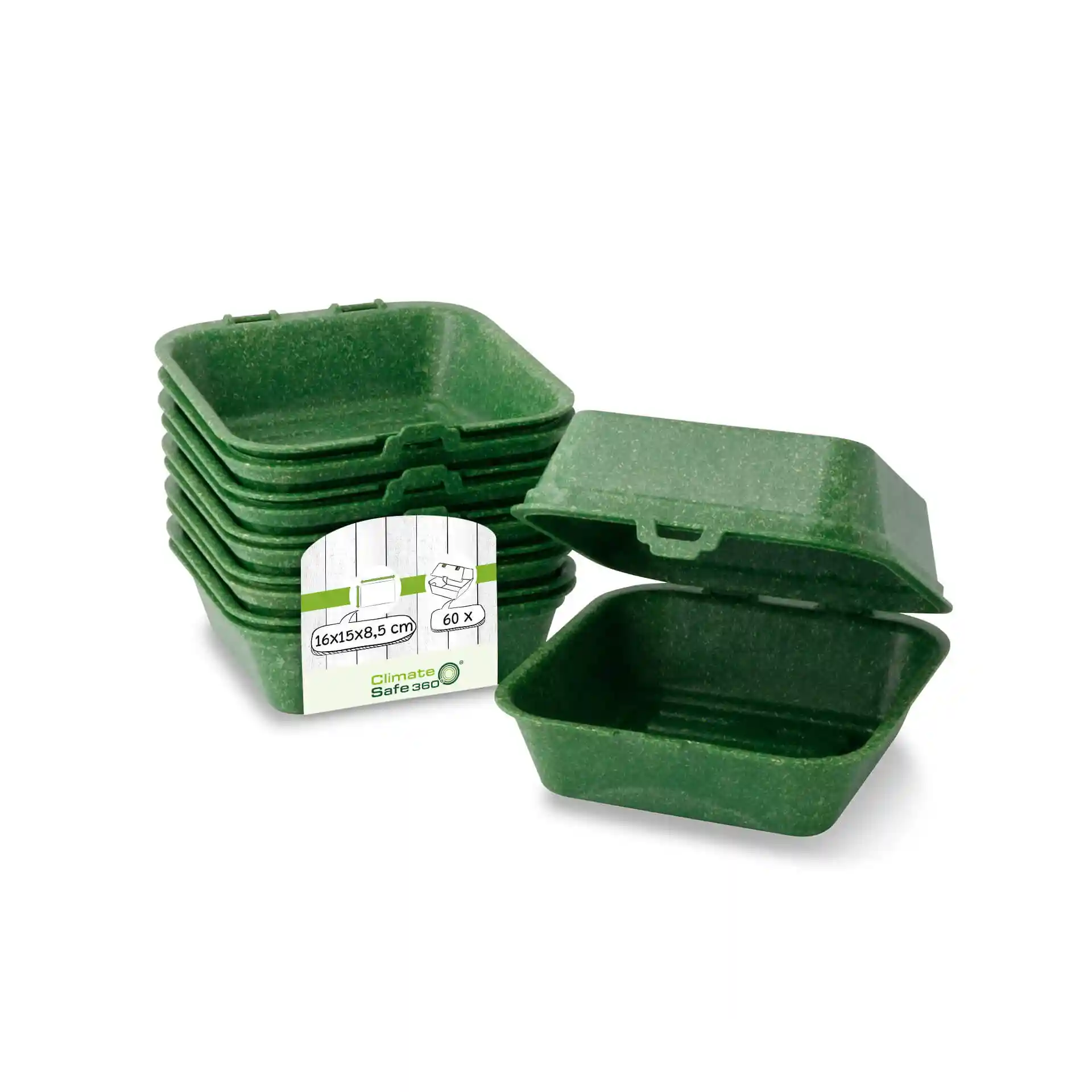 Stapel wiederverwendbarer grüner Burgerboxen mit einem Etikett, das die Maße 16 x 15 x 8,5 cm und eine Menge von 60 zeigt.