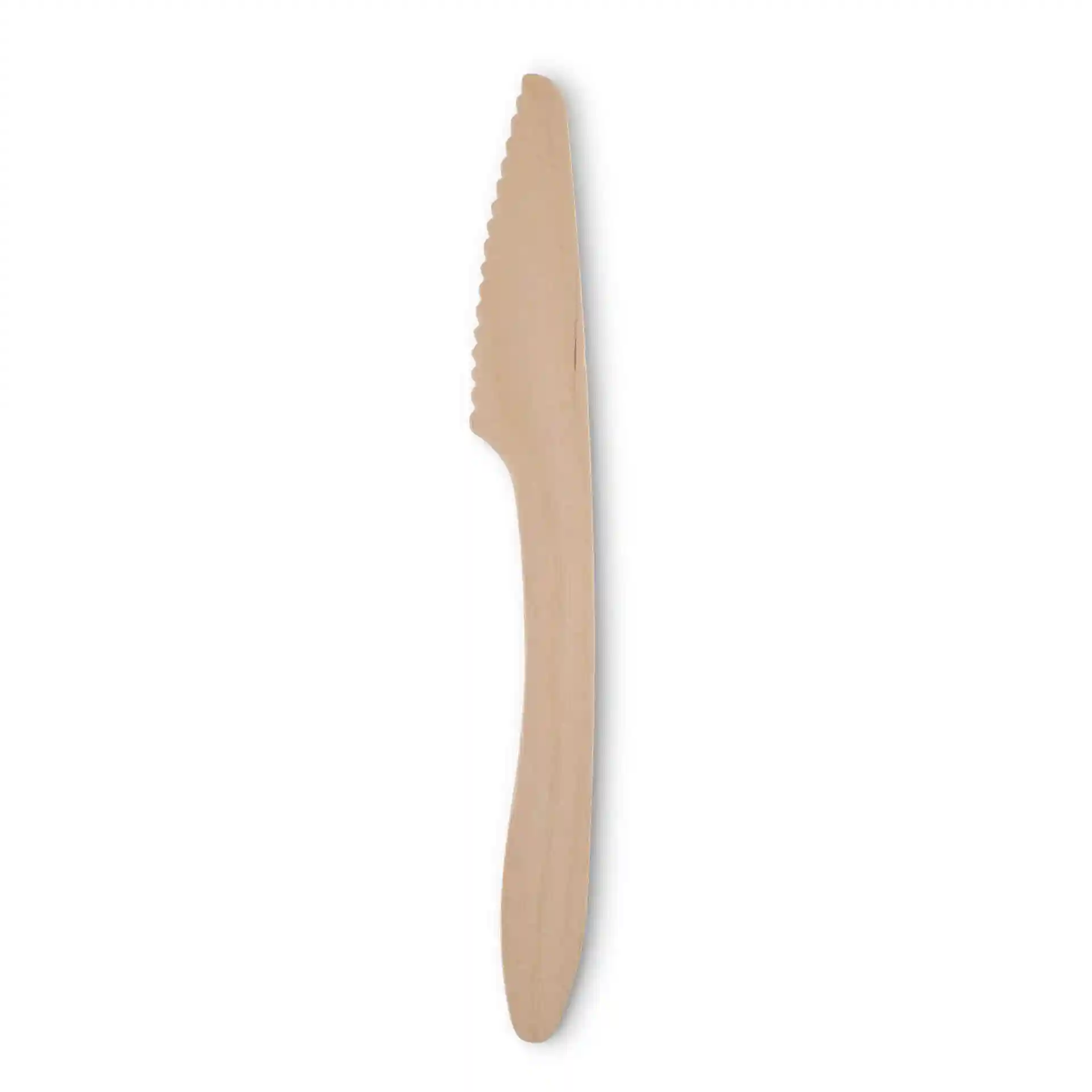 Brown wooden knife, 18 cm long, with a serrated edge and smooth handle.
