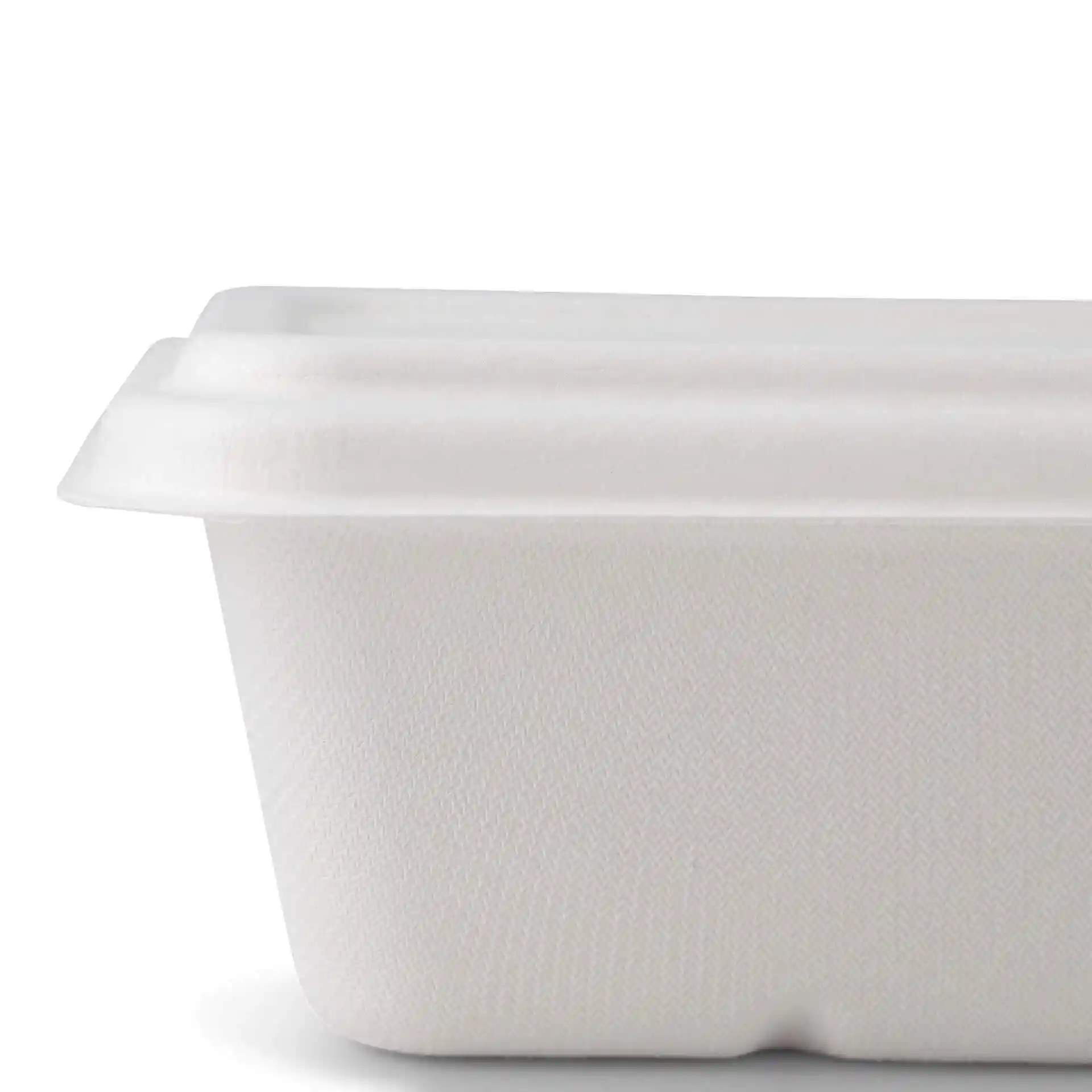Rectangular white sugarcane container with a textured surface and a fitted lid, measuring 17 x 12 cm.