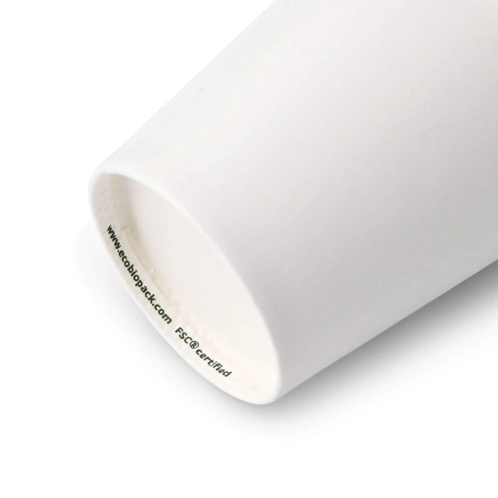 White paper cup with a PE coating, showing the inner rim and a website printed at the bottom.