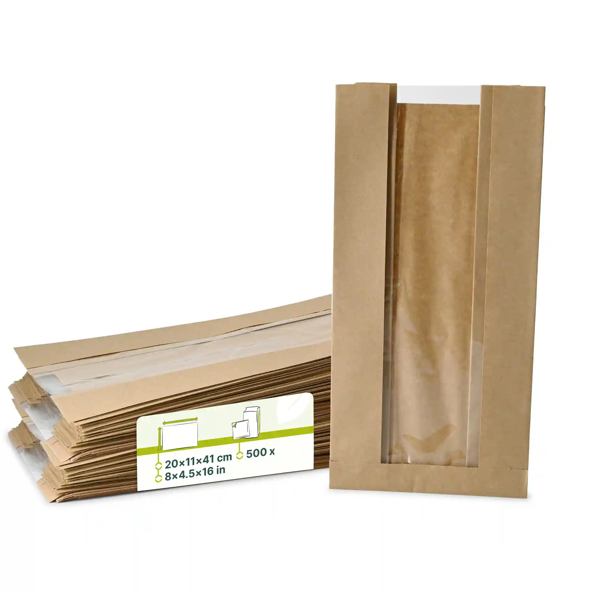 Brown flat paper bread bags with a window, measuring 20 x 11 x 41 cm, stacked with a visible label.