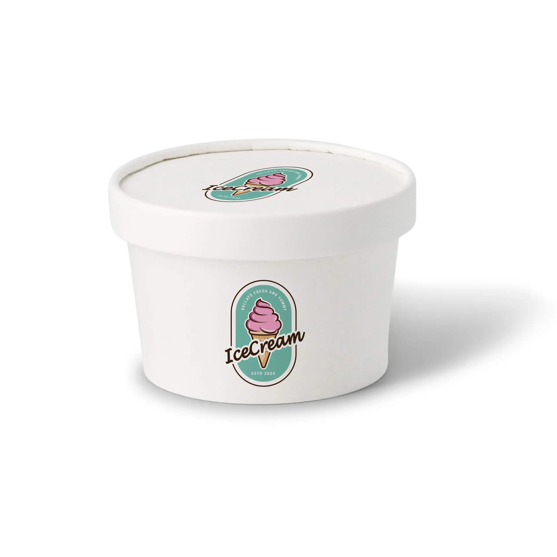 Custom printed white cardboard lid for ice cream cups, showcasing an ice cream cone logo, ideal for takeaway use.