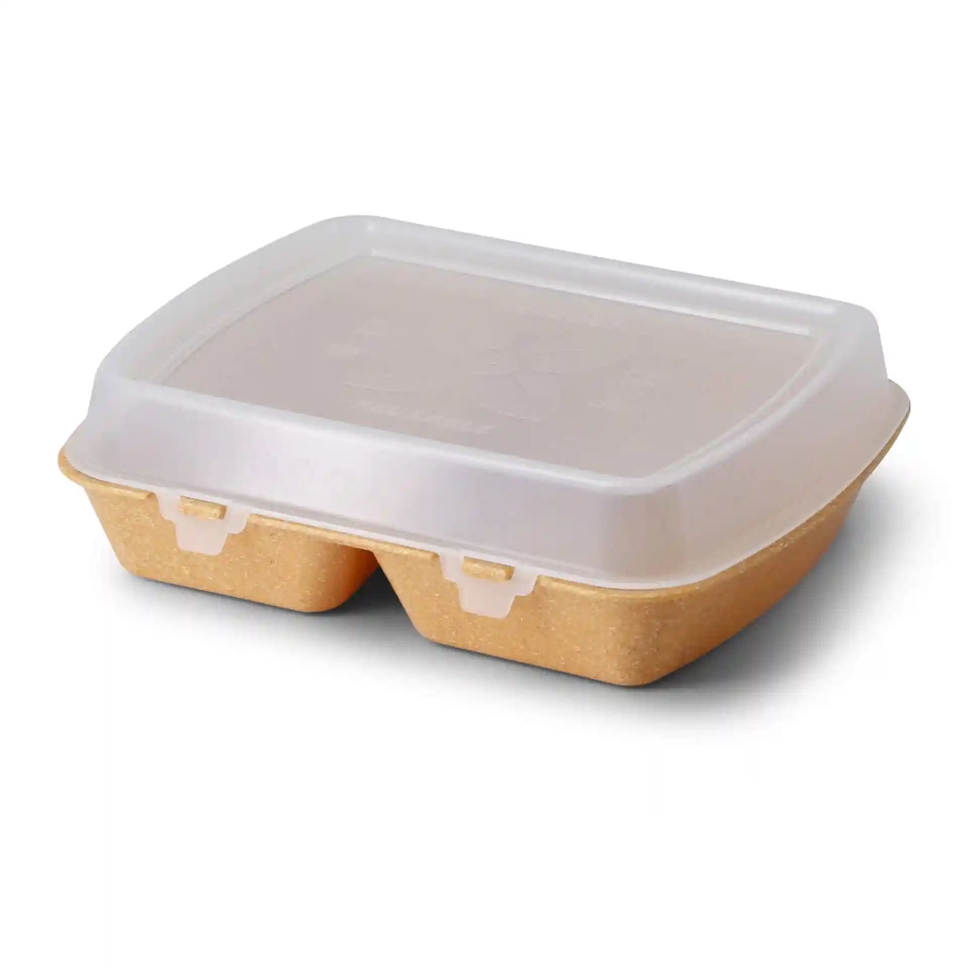 Brown reusable meal container with a transparent lid, featuring two compartments and a rectangular shape.