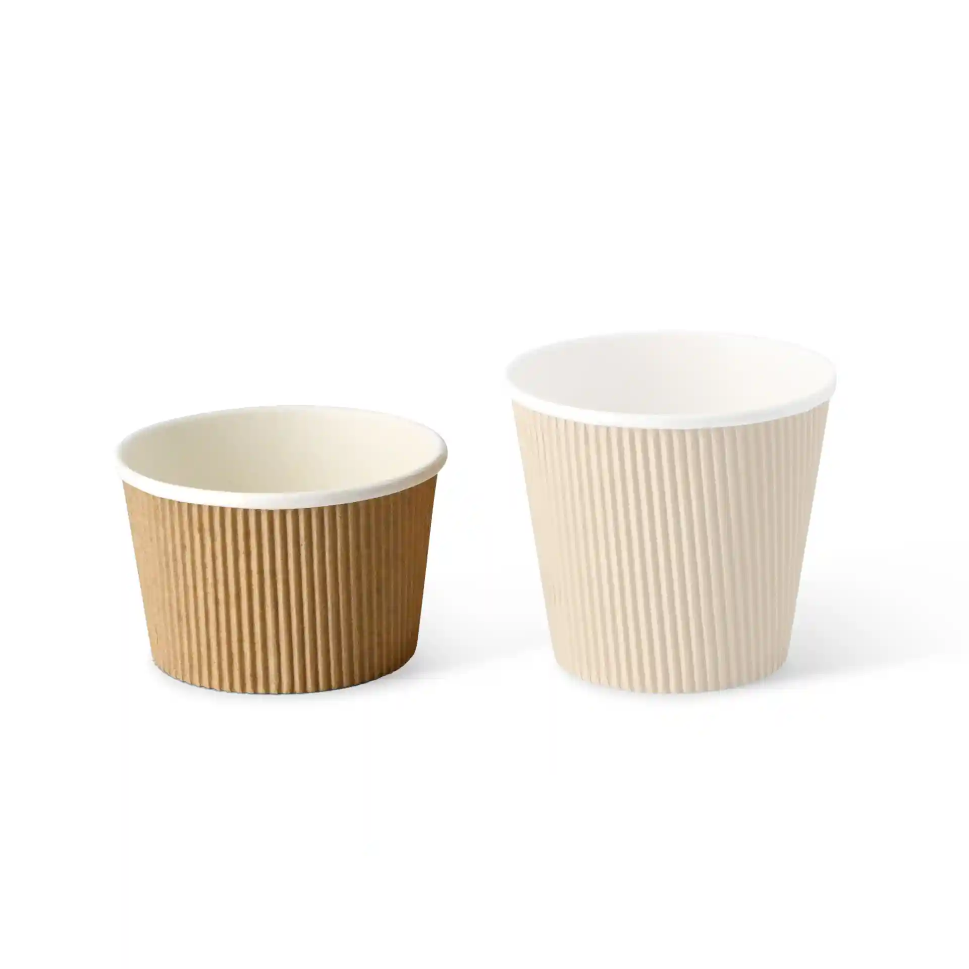 Two round ribbed soup cups, one brown kraft and one white, placed side by side on a white background.