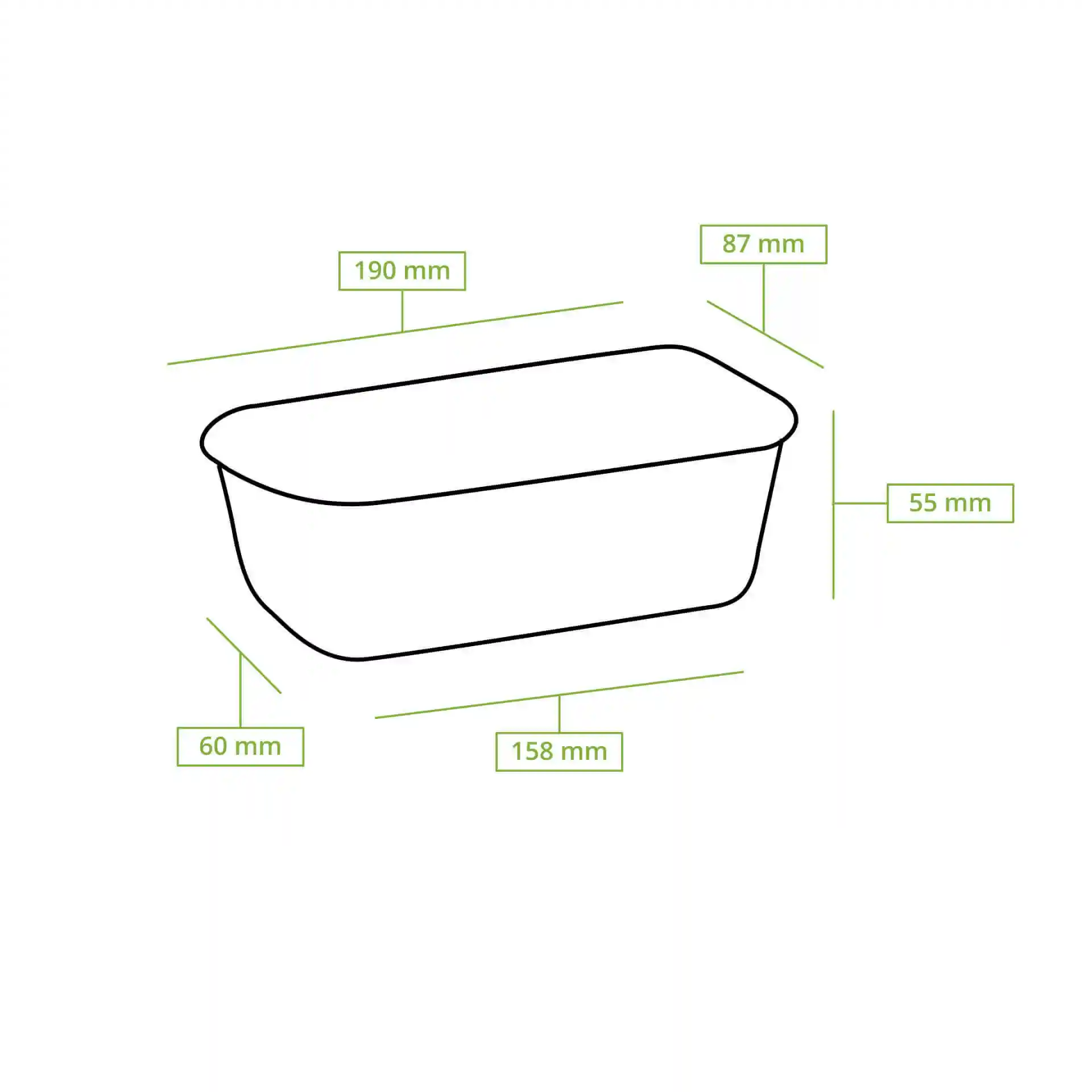 Schematic drawing of a rectangular baking mould with dimensions labeled: 190 mm length, 87 mm width, and 55 mm height.