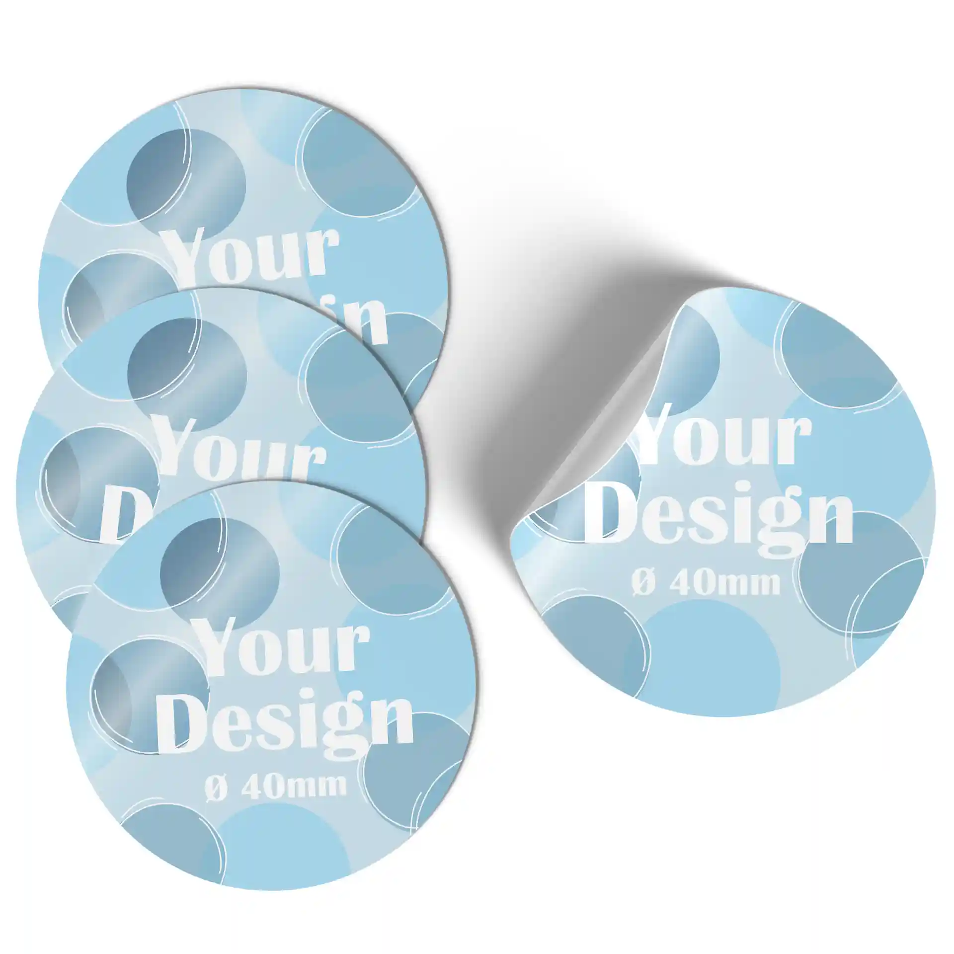 Four round printed labels with a blue design and white text, each measuring 40 mm in diameter.