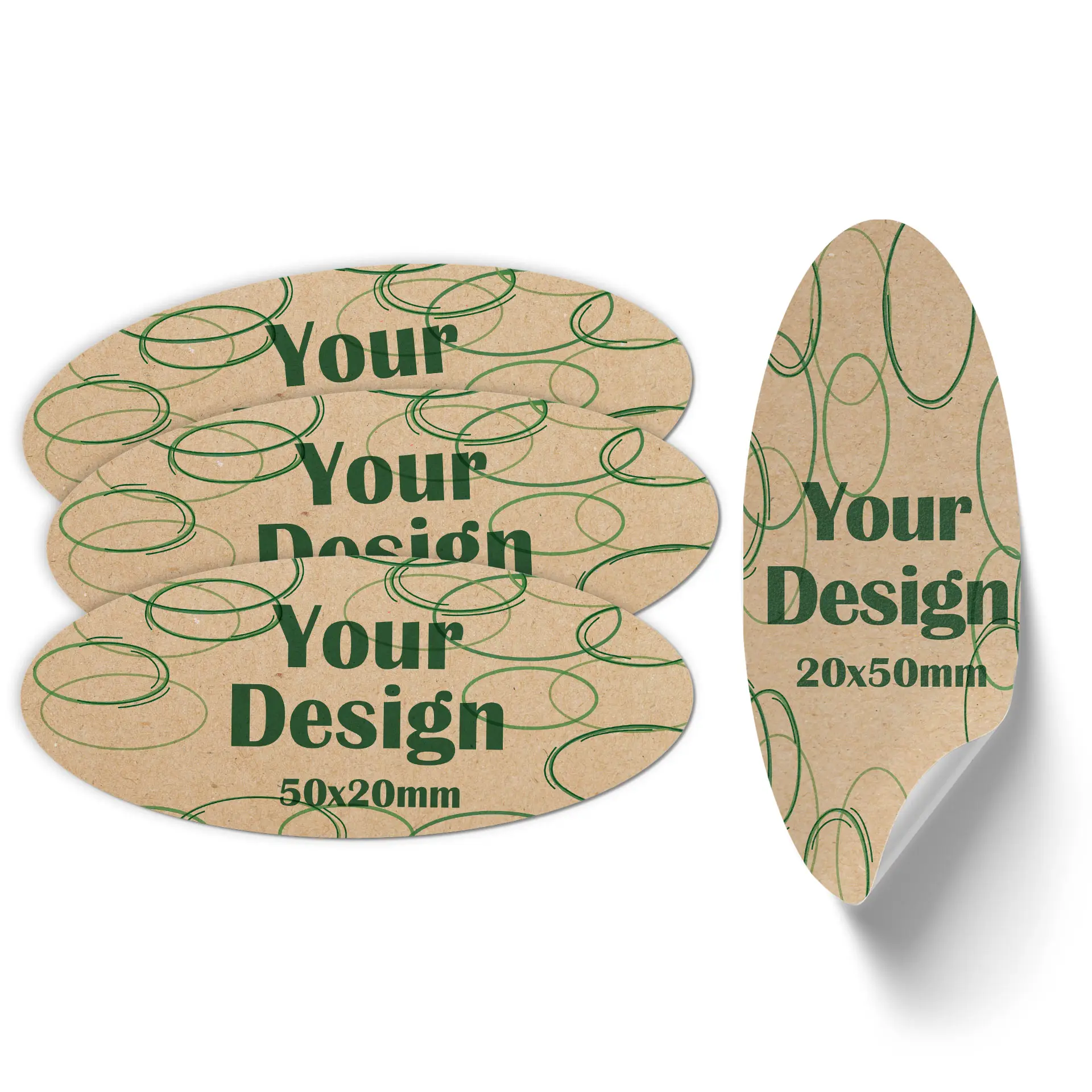 Label showing a beige oval shape with a green icon and measurements of 50x20 mm.