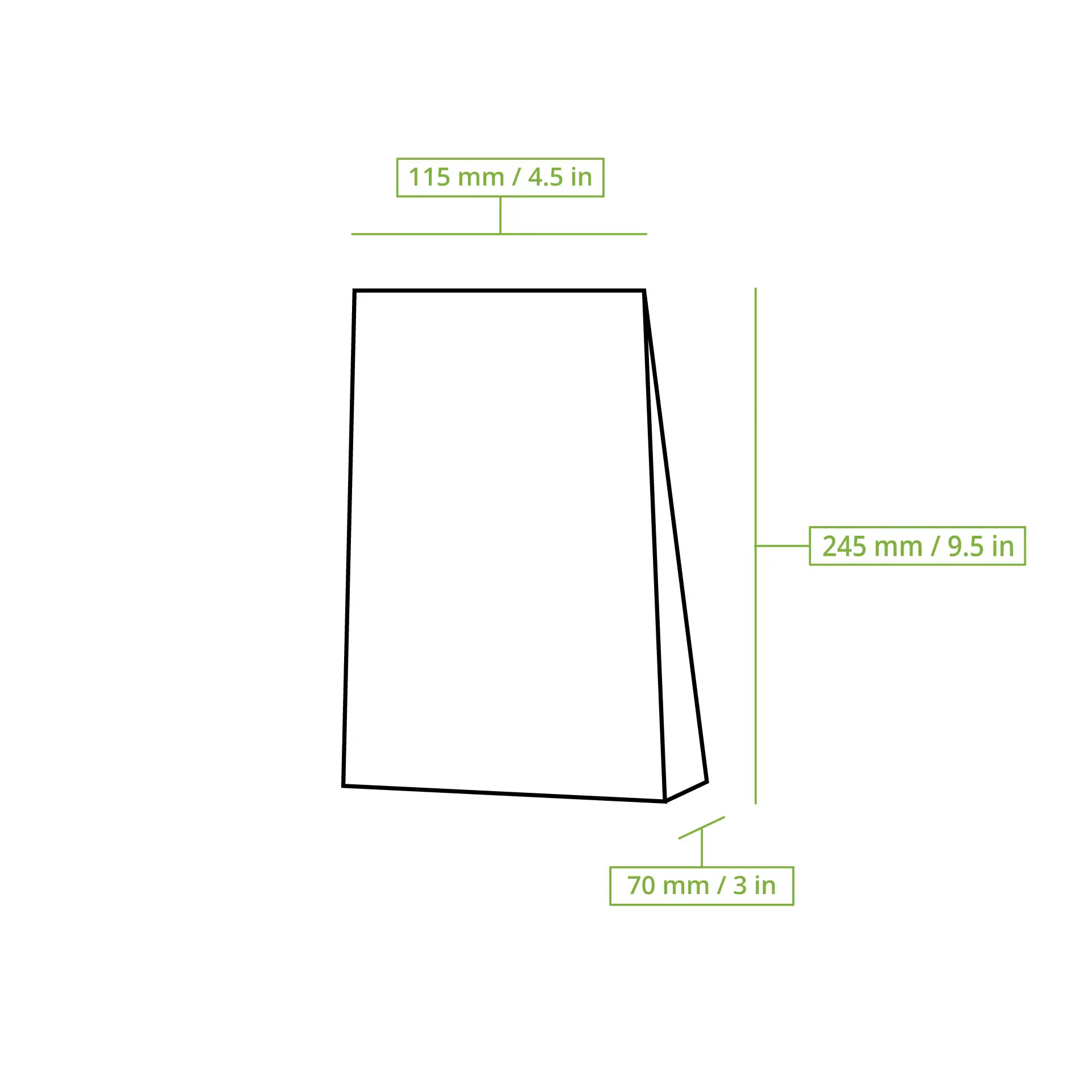 Schematische Zeichnung einer Blockbodenbeutels mit beschrifteten Abmessungen: Höhe 245 mm, Länge 115 mm, Breite 70 mm.