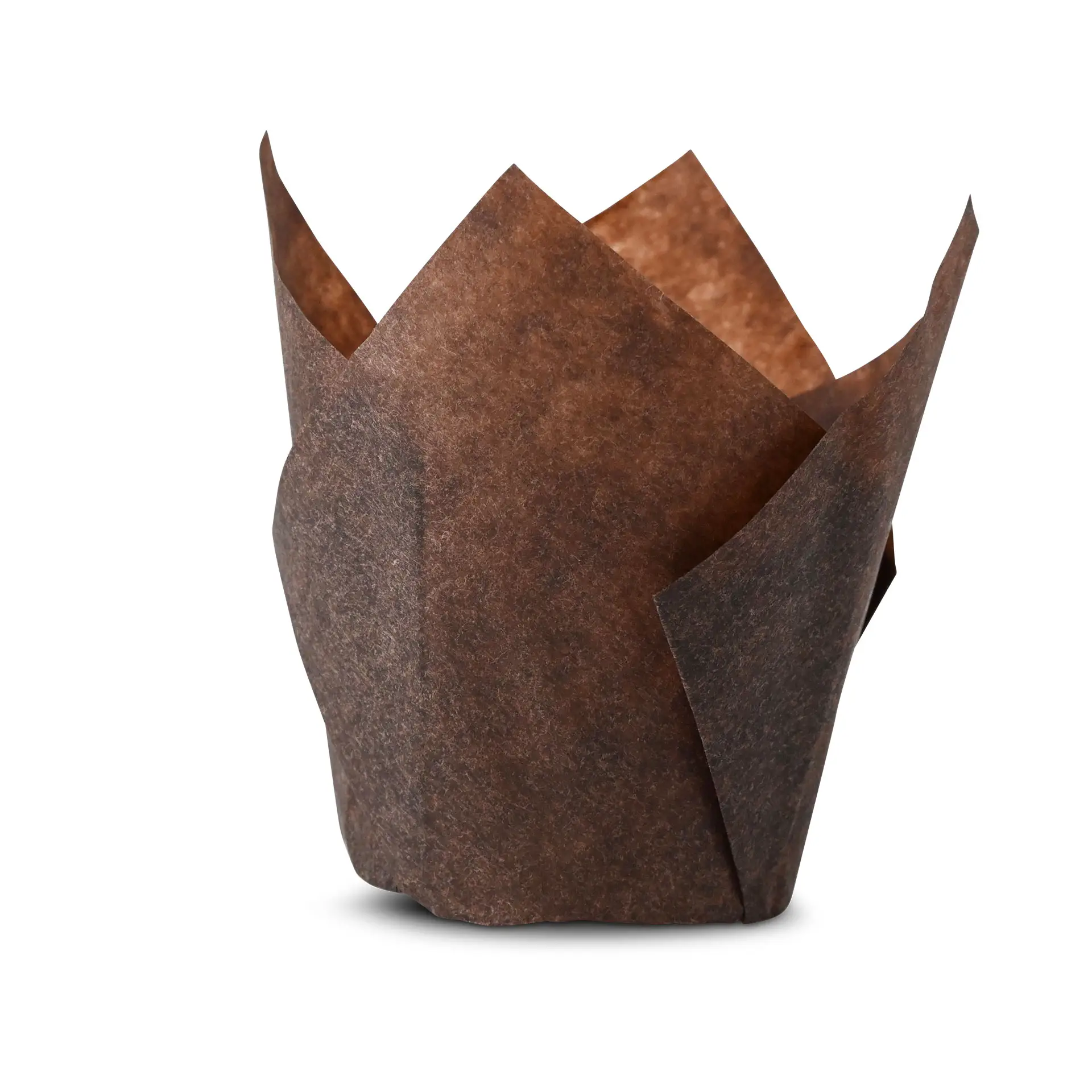 Brown greaseproof paper muffin cup with a flared design, 5 cm diameter and 8 cm height, on a white background.