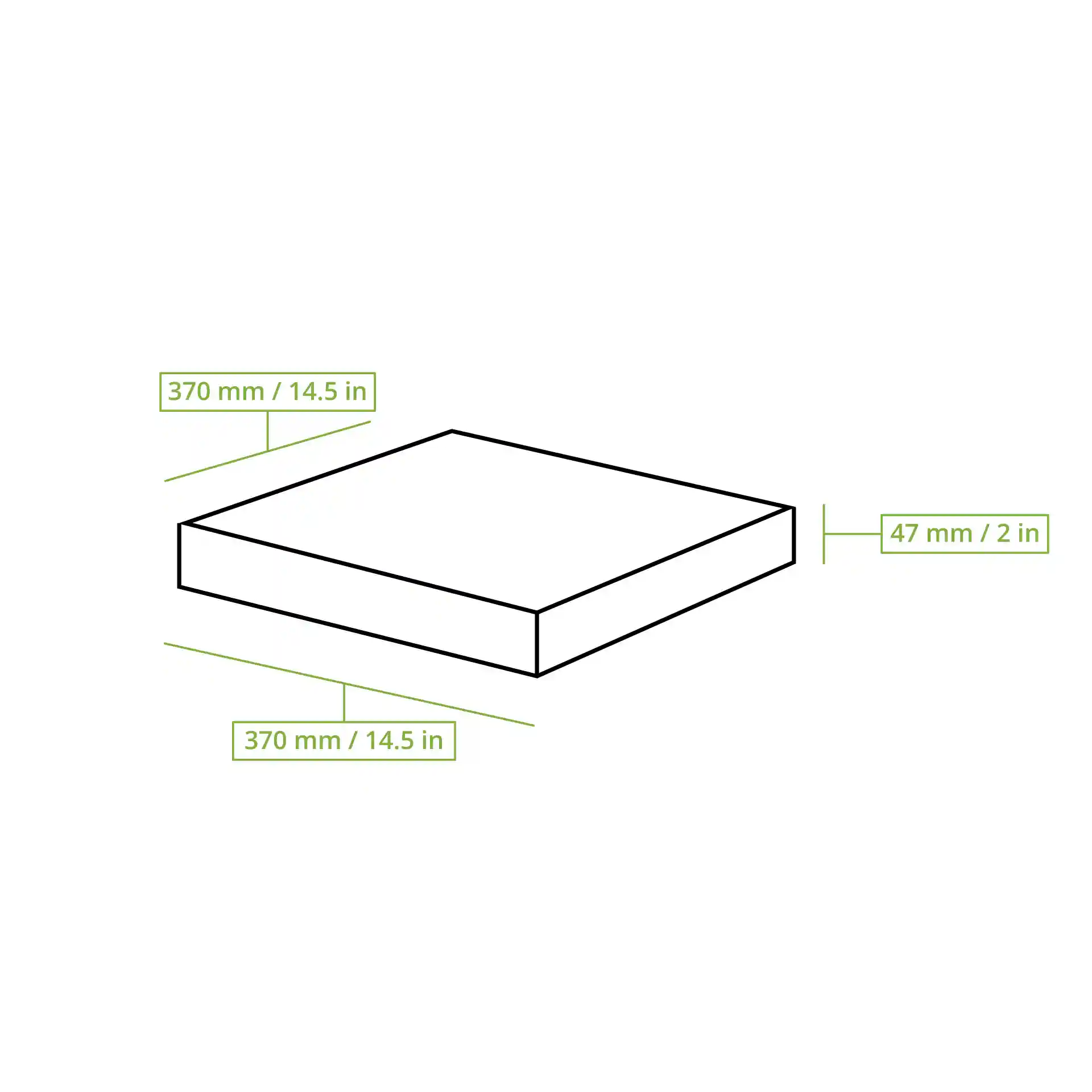 Schematische Zeichnung einer quadratischen Pizzaschachtel mit den Maßen 370 mm x 370 mm x 47 mm.