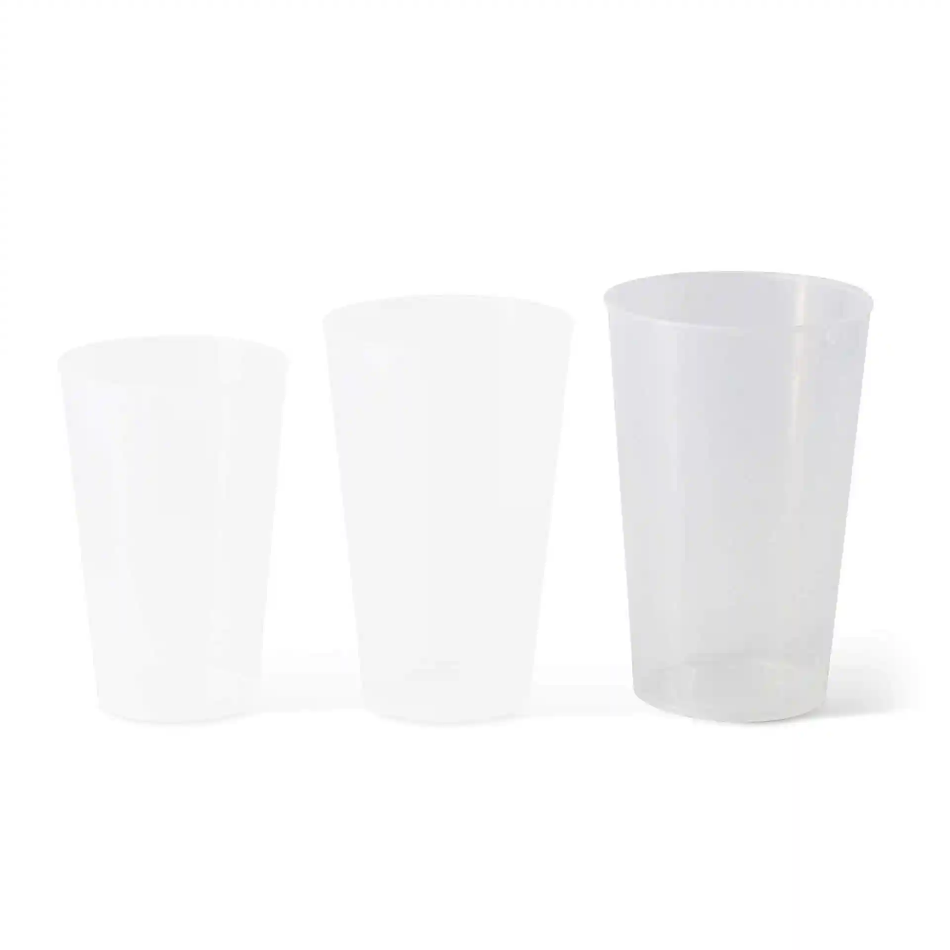 Three transparent reusable cups of varying heights and diameters, made of PP material.