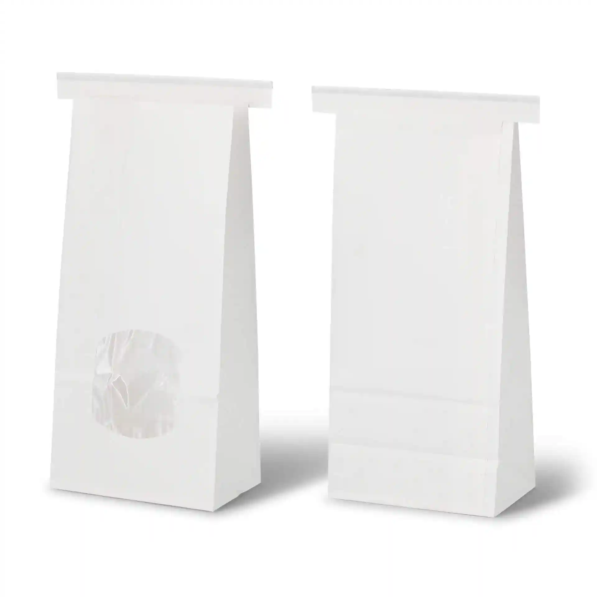 White block bottom bags with a transparent window, measuring 11.5 x 7 x 24.5 cm, made of kraft paper.