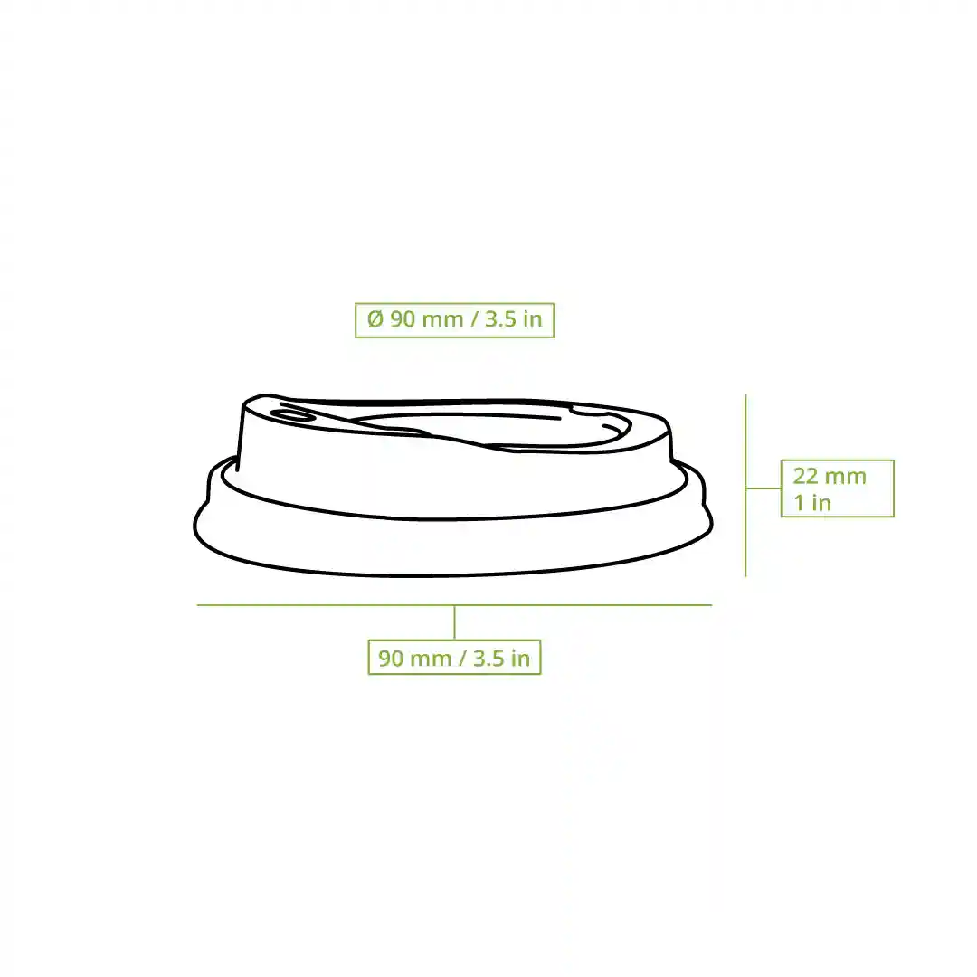 Schematic drawing of a brown sugarcane lid for paper cups with dimensions 90 mm diameter and 22 mm height.