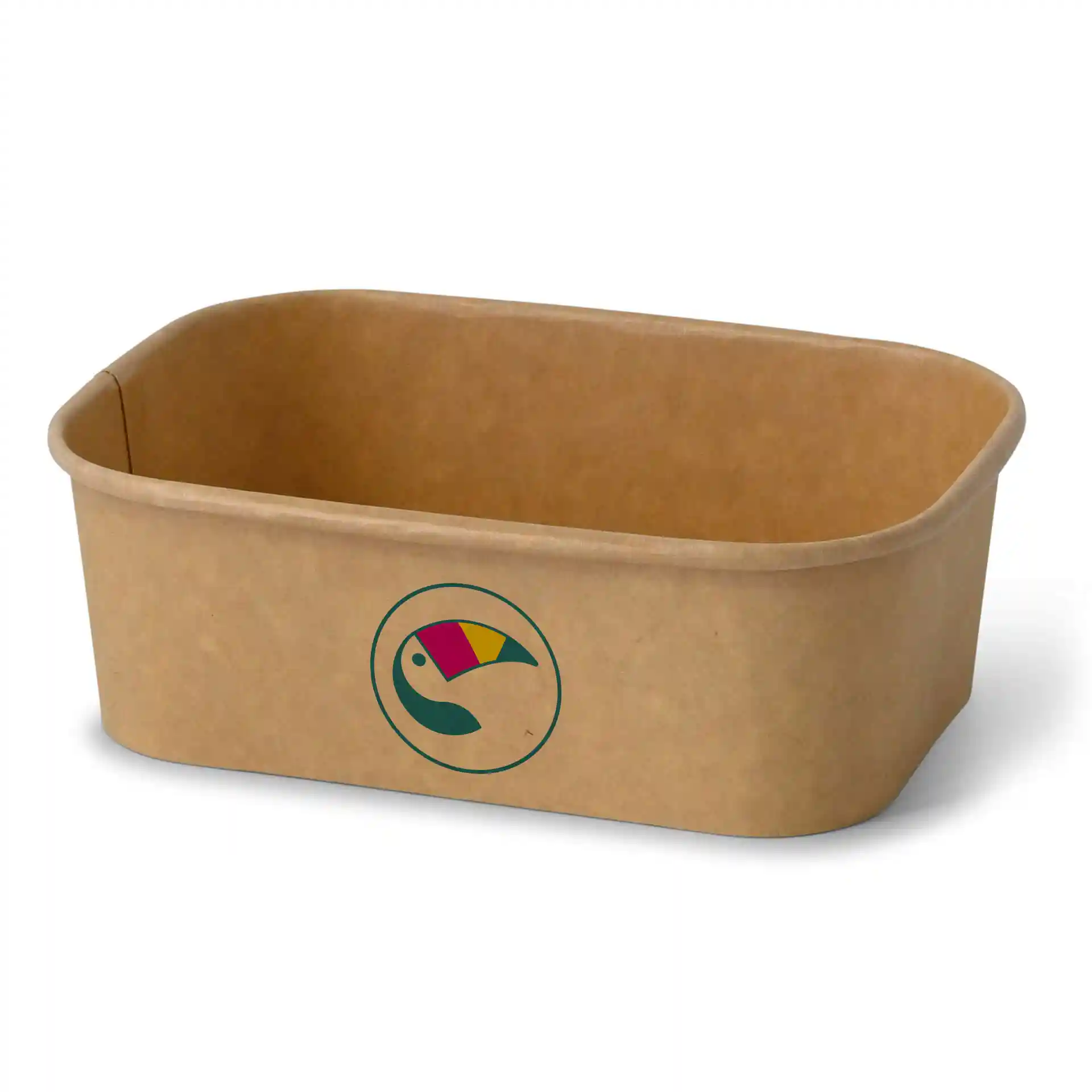 Rectangular brown salad bowl with a printed logo, measuring 171 mm long, 124 mm wide, and 57 mm high.