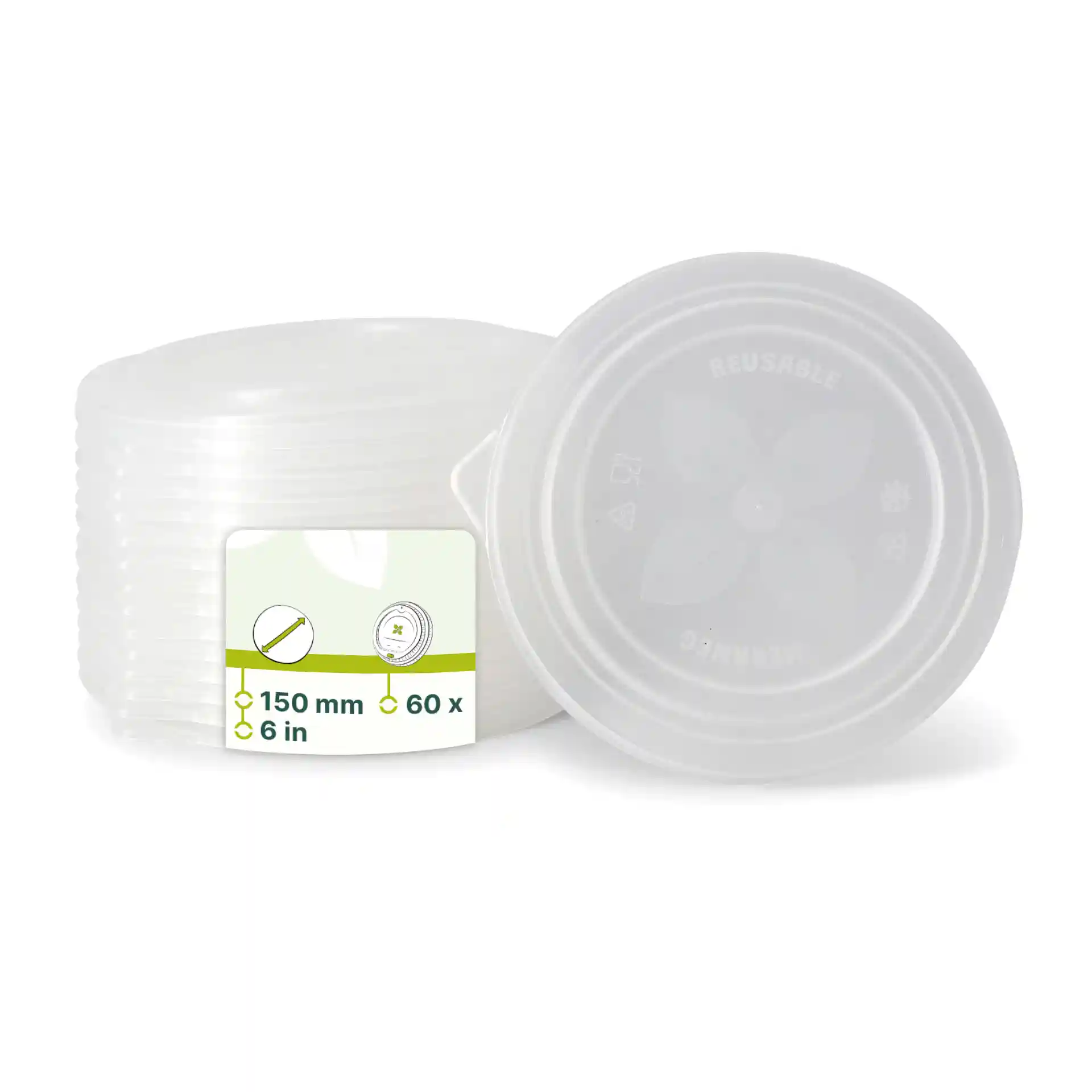 Stack of transparent reusable lids with a label showing dimensions and quantity, round shape, made of PP material.