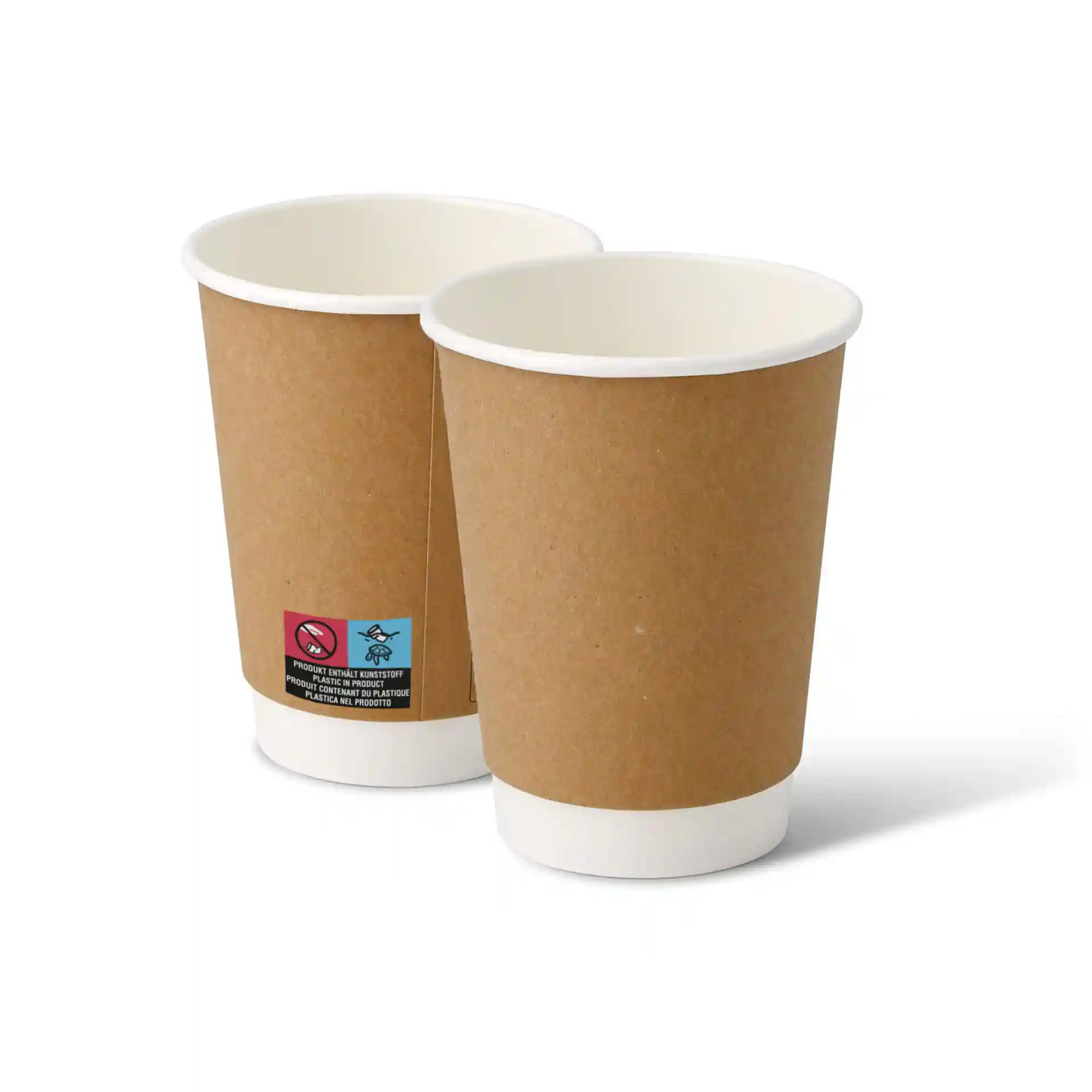 Two brown double-walled cardboard coffee cups with white inner lining, one slightly behind the other.