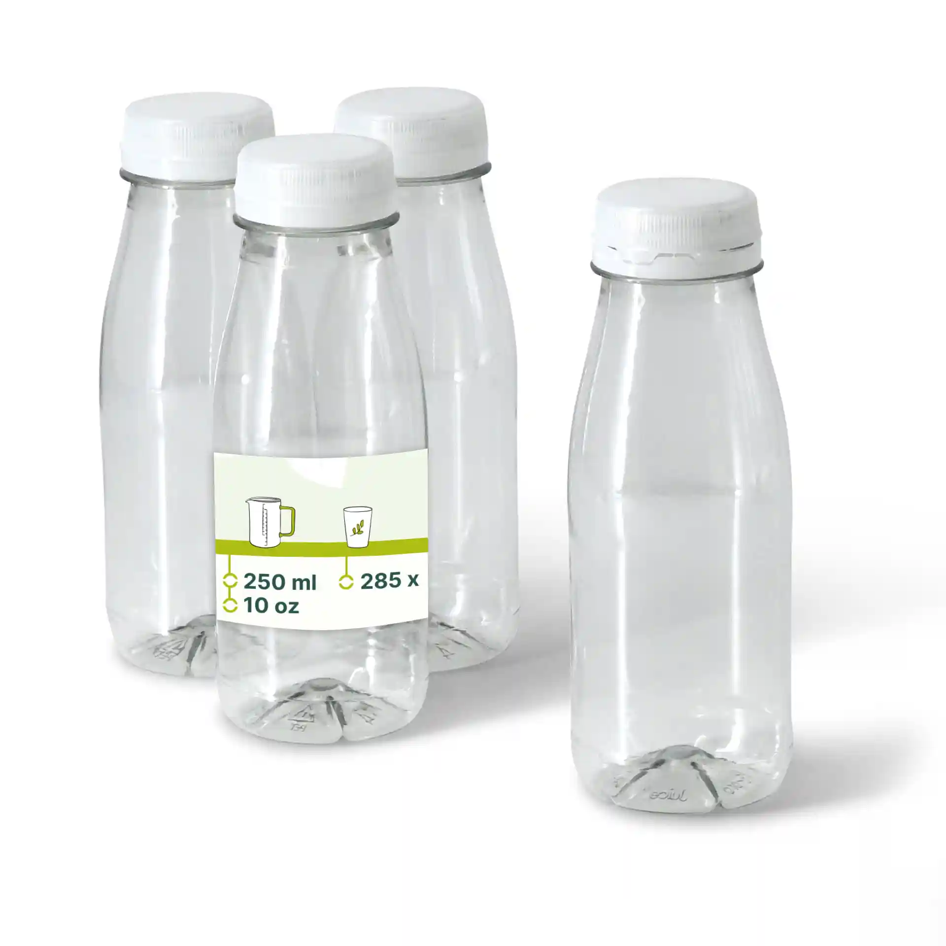 Klare rPET-Flasche mit einem weißen Deckel, 250 ml Fassungsvermögen, umgeben von drei ähnlichen Flaschen auf weißem Hintergrund.