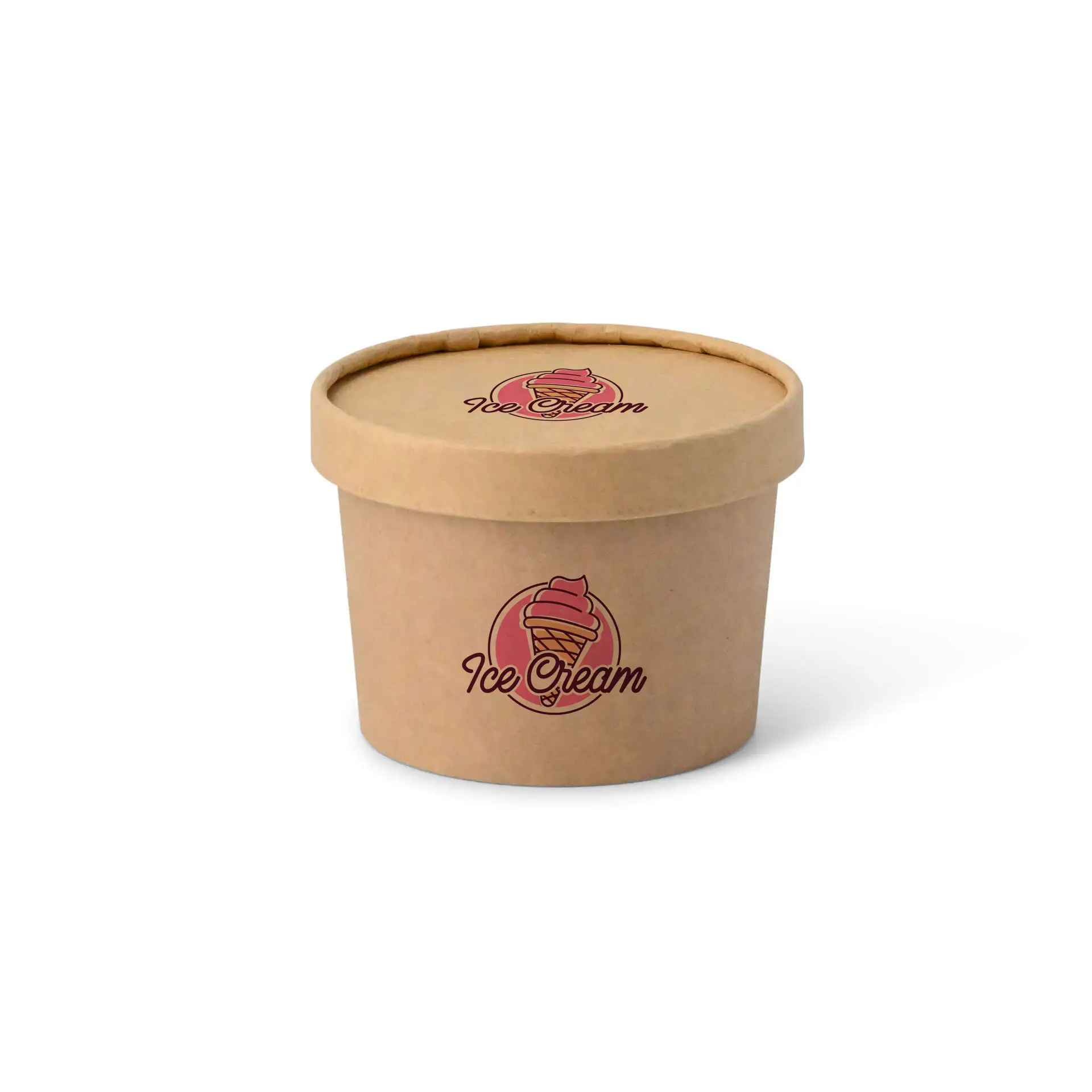 Brauner Pappbecher für Eiscreme mit einem individuell bedruckten Deckel und einem Logo eines Eiskonfets.