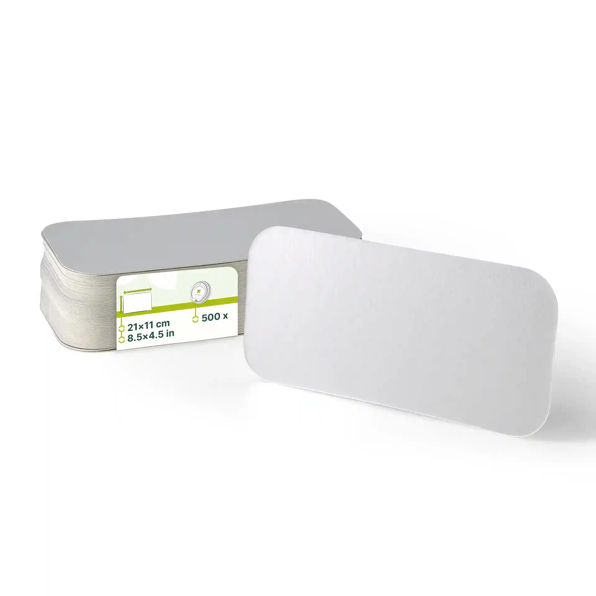 Stack of rectangular aluminium cardboard lids with one lid slightly raised, showing dimensions of 212 mm by 108 mm.