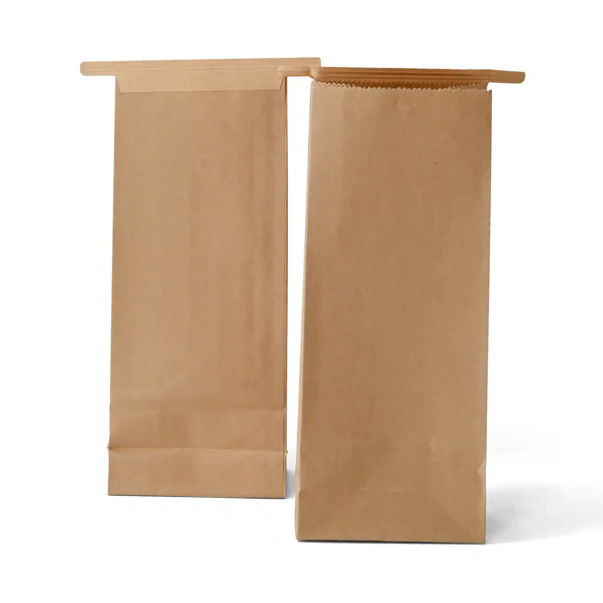 Brown kraft paper block bottom bags with tin tie, measuring 9 x 5 x 23.5 cm. Two bags shown, one with a folded top.