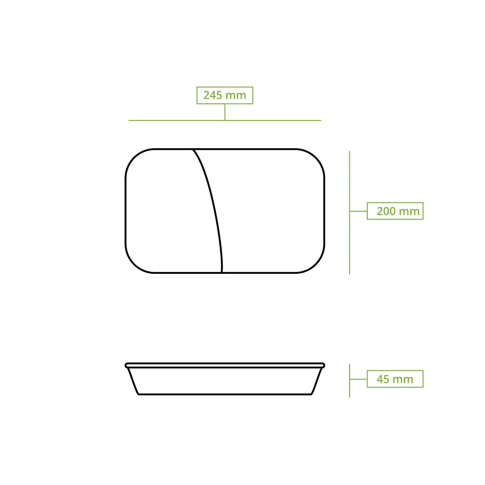 Schematic drawing of a rectangular meal container with dimensions 245 mm by 200 mm and height 45 mm.