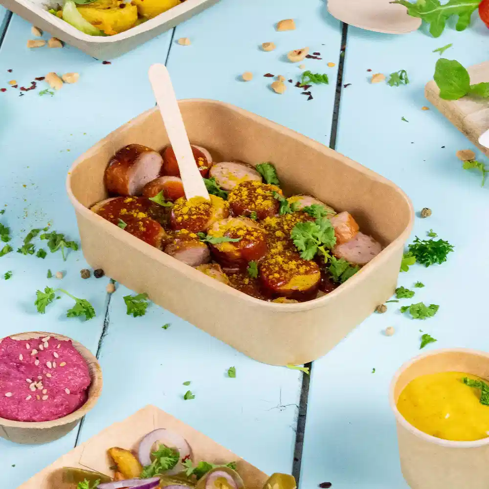 Behälter mit geschnittener Wurst in Sauce, garniert mit Kräutern, umgeben von verschiedenen Dips und Beilagen auf blauer Fläche.