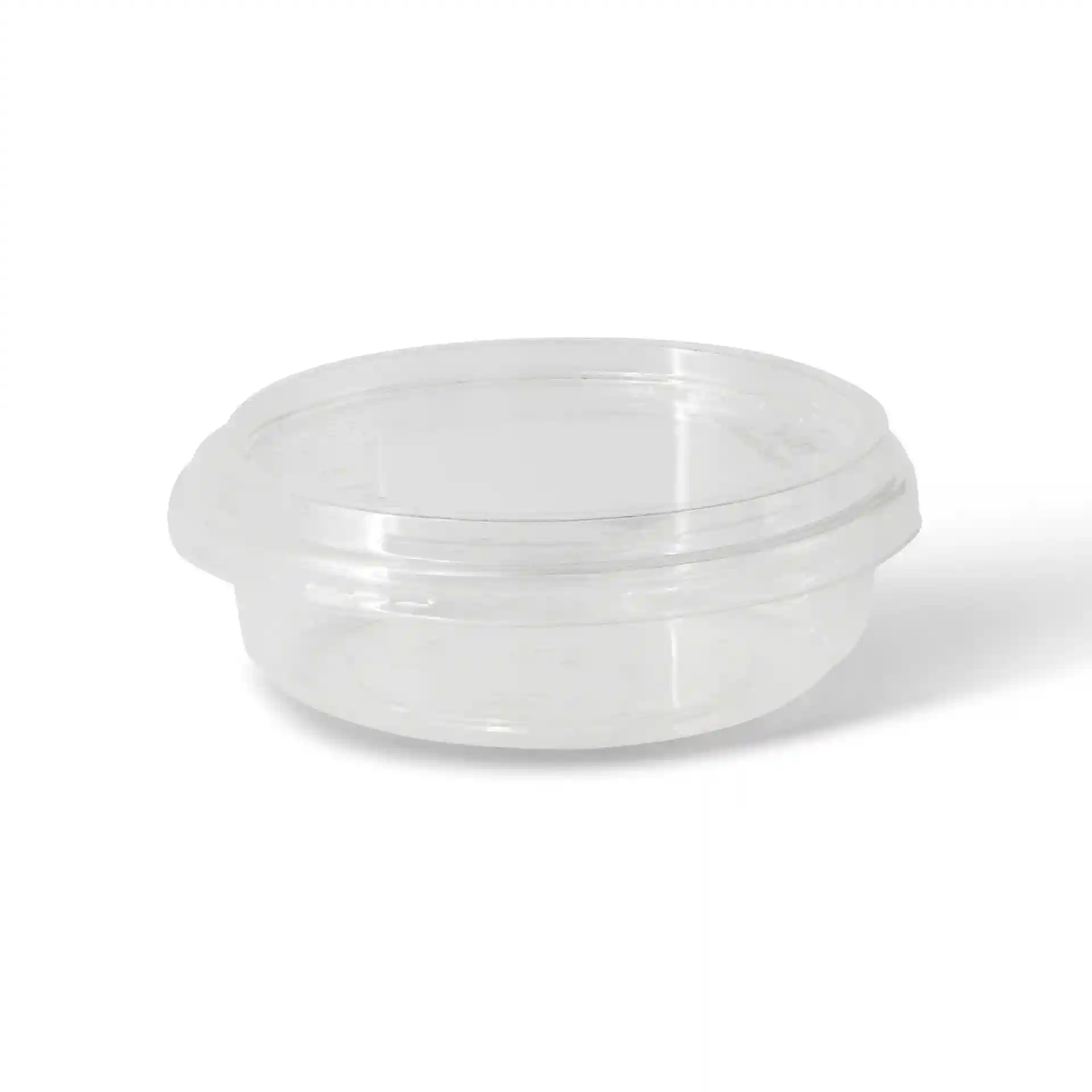 Transparenter runder Deli-Behälter mit einem Durchmesser von 120 mm und einer Höhe von 34 mm.