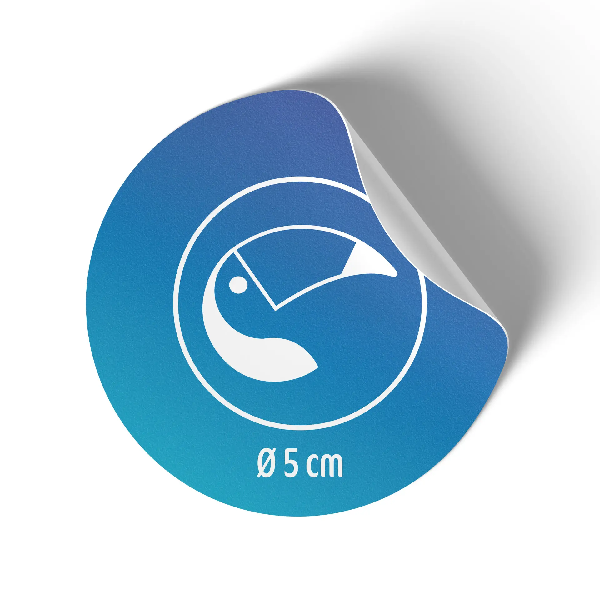 Round custom printed label, 5 cm in diameter, featuring a white graphic on a blue background with a peelable edge.