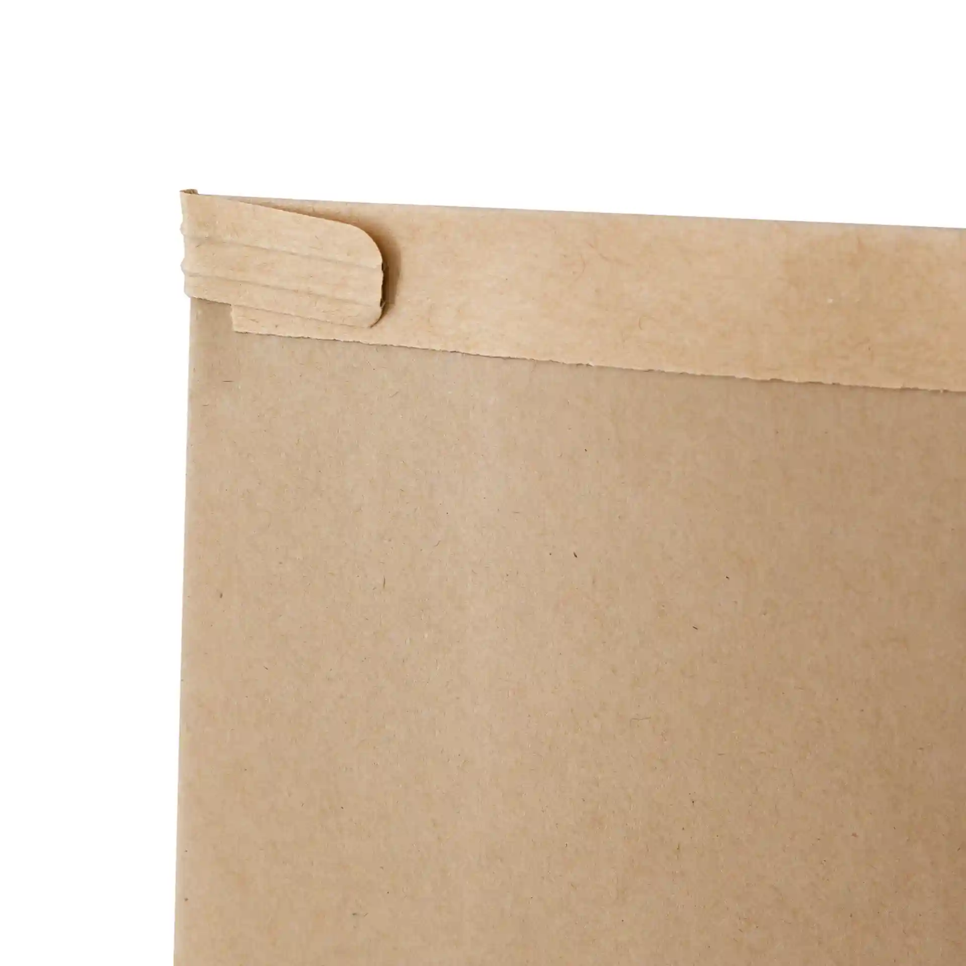 Braune Kraftpapier-Bodenbeutel mit Zinnverschluss, zeigt die obere Kante und Verschlussdetails.