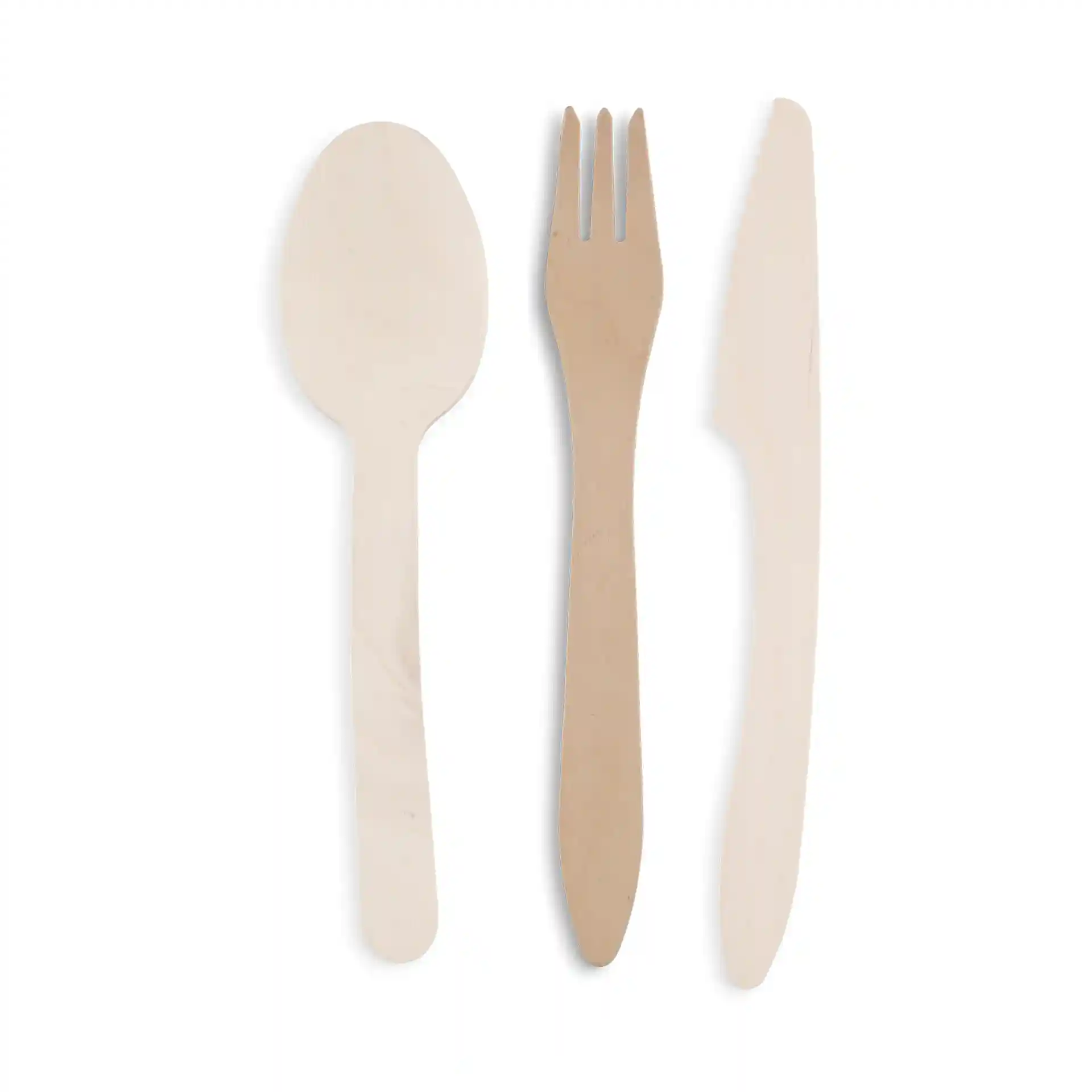 Wooden spoon, fork, and knife set, each approximately 18 cm long, made of wood with a brown finish.